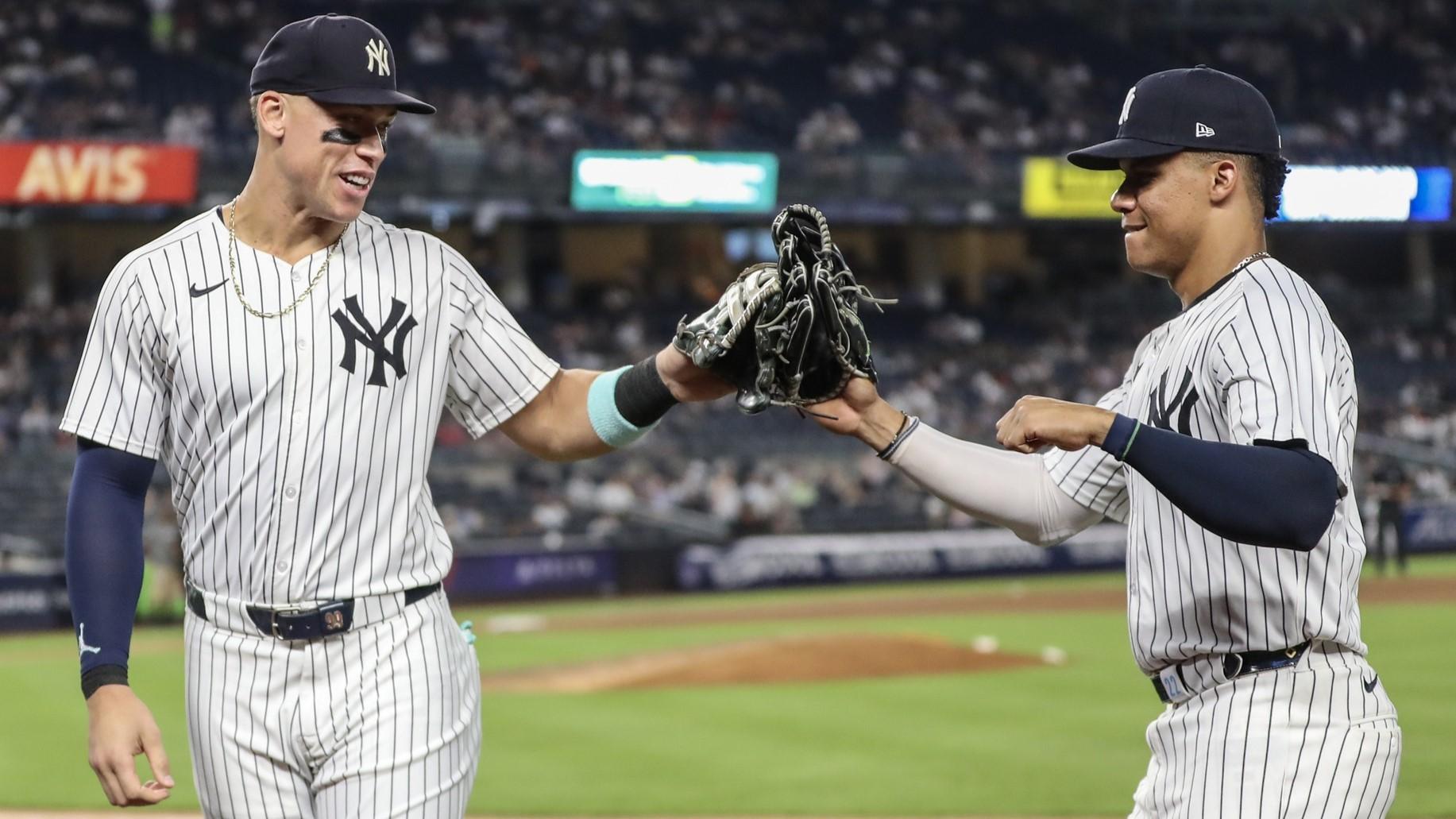 Jun 21, 2024; Bronx, New York, USA; New York Yankees center fielder Aaron Judge (99) and right fielder Juan Soto (22) at Yankee Stadium.