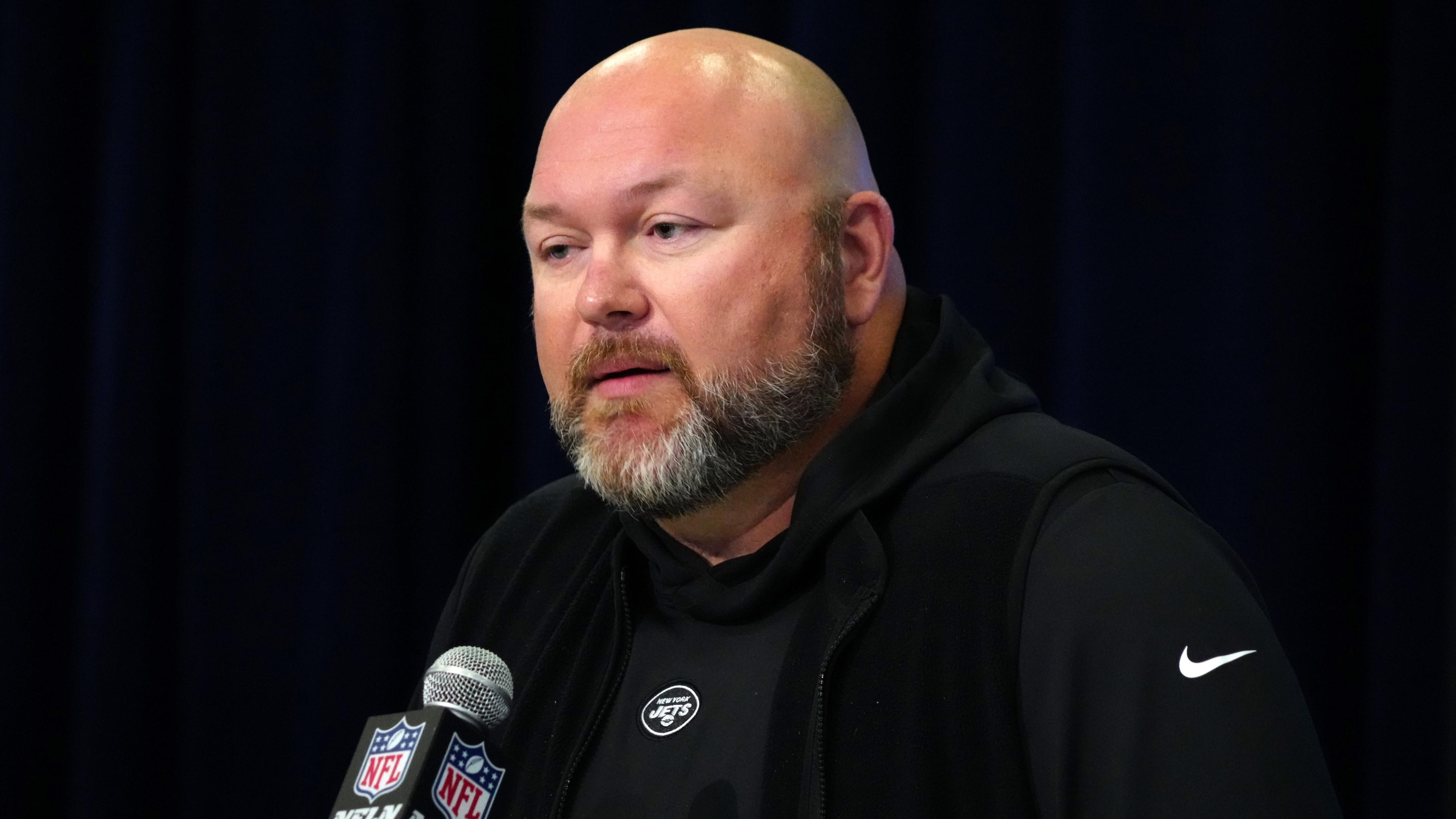 Feb 28, 2024; Indianapolis, IN, USA; New York Jets general manager Joe Douglas speaks at a press conference at the NFL Scouting Combine at Indiana Convention Center. / Kirby Lee-USA TODAY Sports