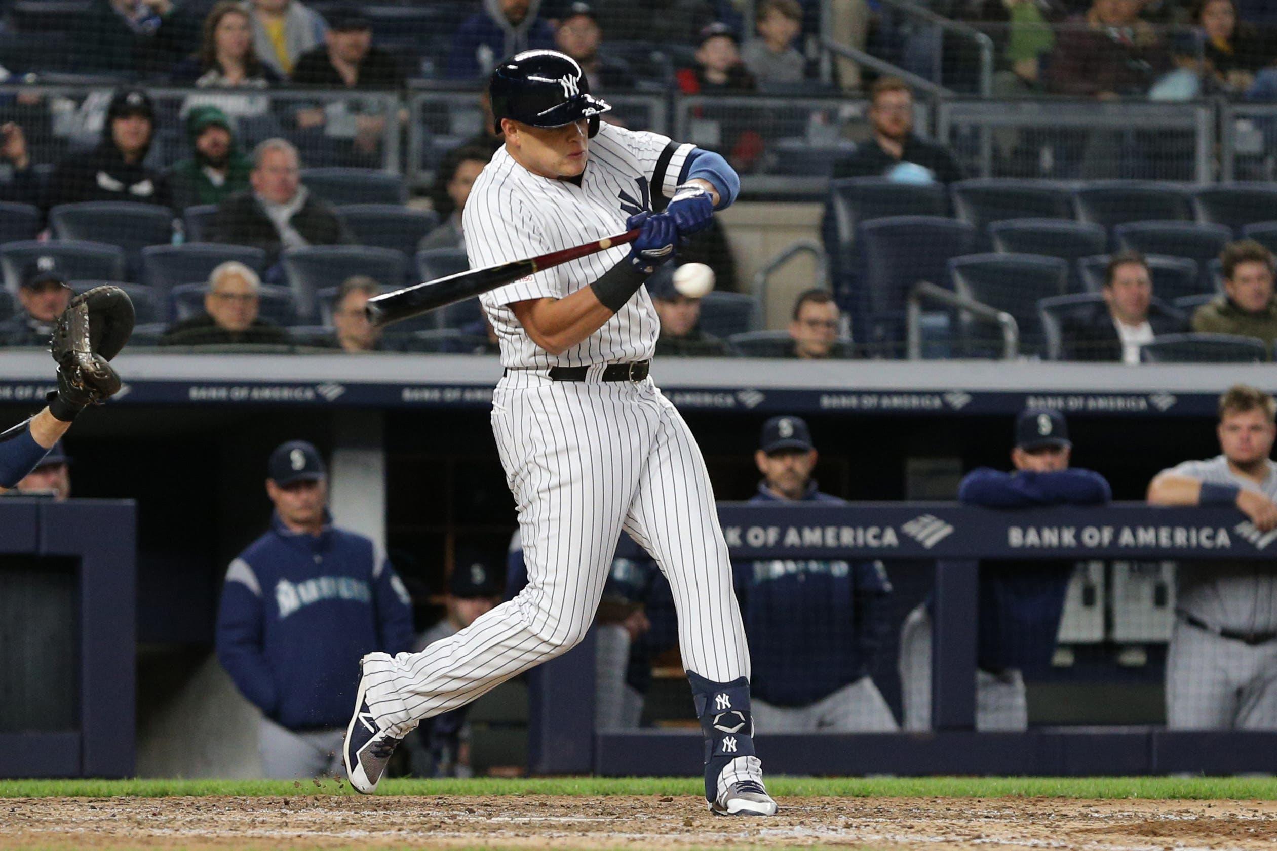 May 9, 2019; Bronx, NY, USA; New York Yankees third baseman Gio Urshela (29) hits a two run single against the Seattle Mariners during the eighth inning at Yankee Stadium. Mandatory Credit: Brad Penner-USA TODAY Sports / Brad Penner