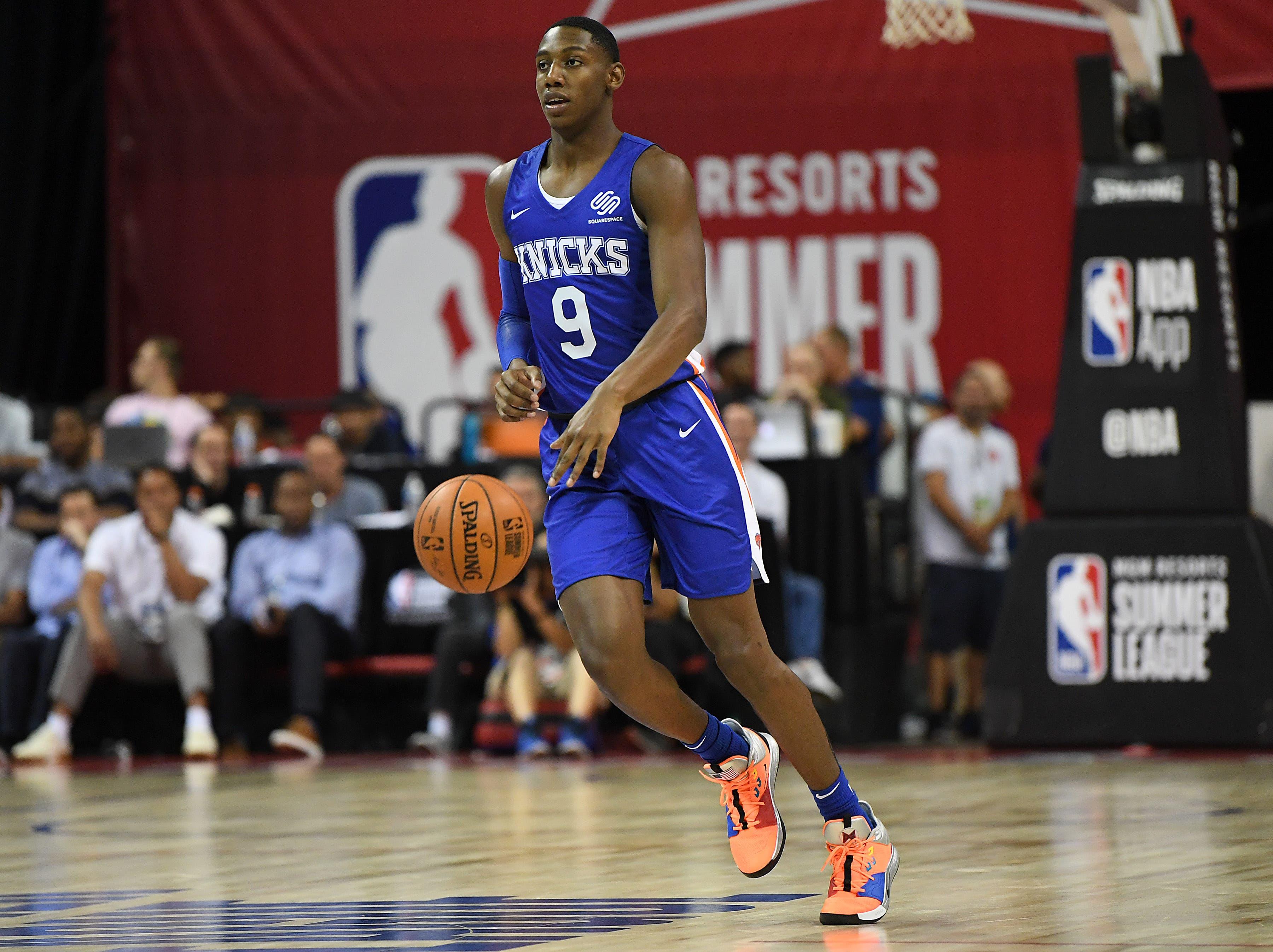 Jul 9, 2019; Las Vegas, NV, USA; New York Knicks forward RJ Barrett (9) dribbles during the second half of an NBA Summer League game against the Toronto Raptors at Thomas & Mack Center. Mandatory Credit: Stephen R. Sylvanie-USA TODAY Sports / Stephen R. Sylvanie