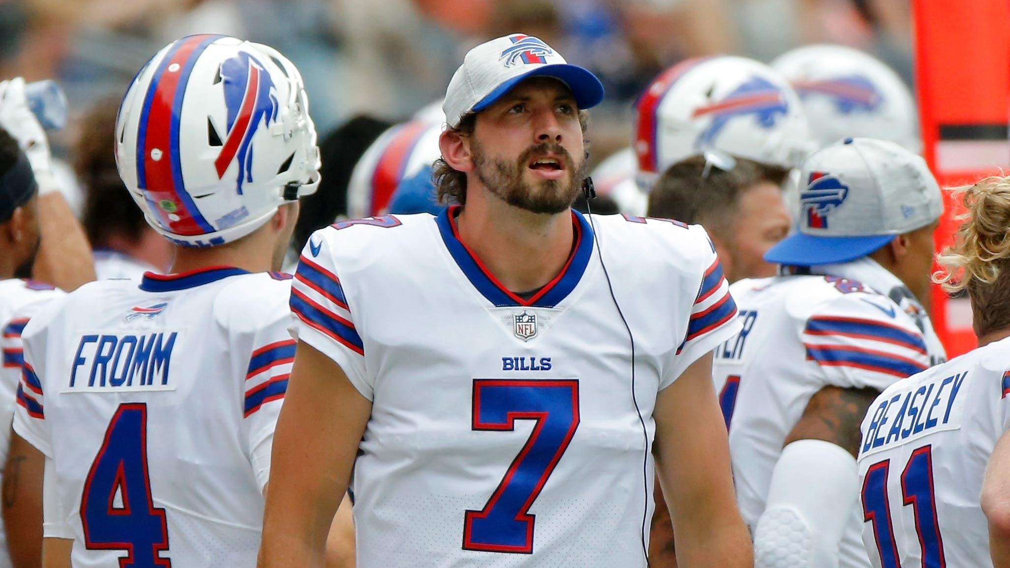 Aug 21, 2021; Chicago, Illinois, USA; Buffalo Bills quarterback Davis Webb (7) looks on from the sideline during the first half against the Chicago Bears at Soldier Field. / Jon Durr-USA TODAY Sports