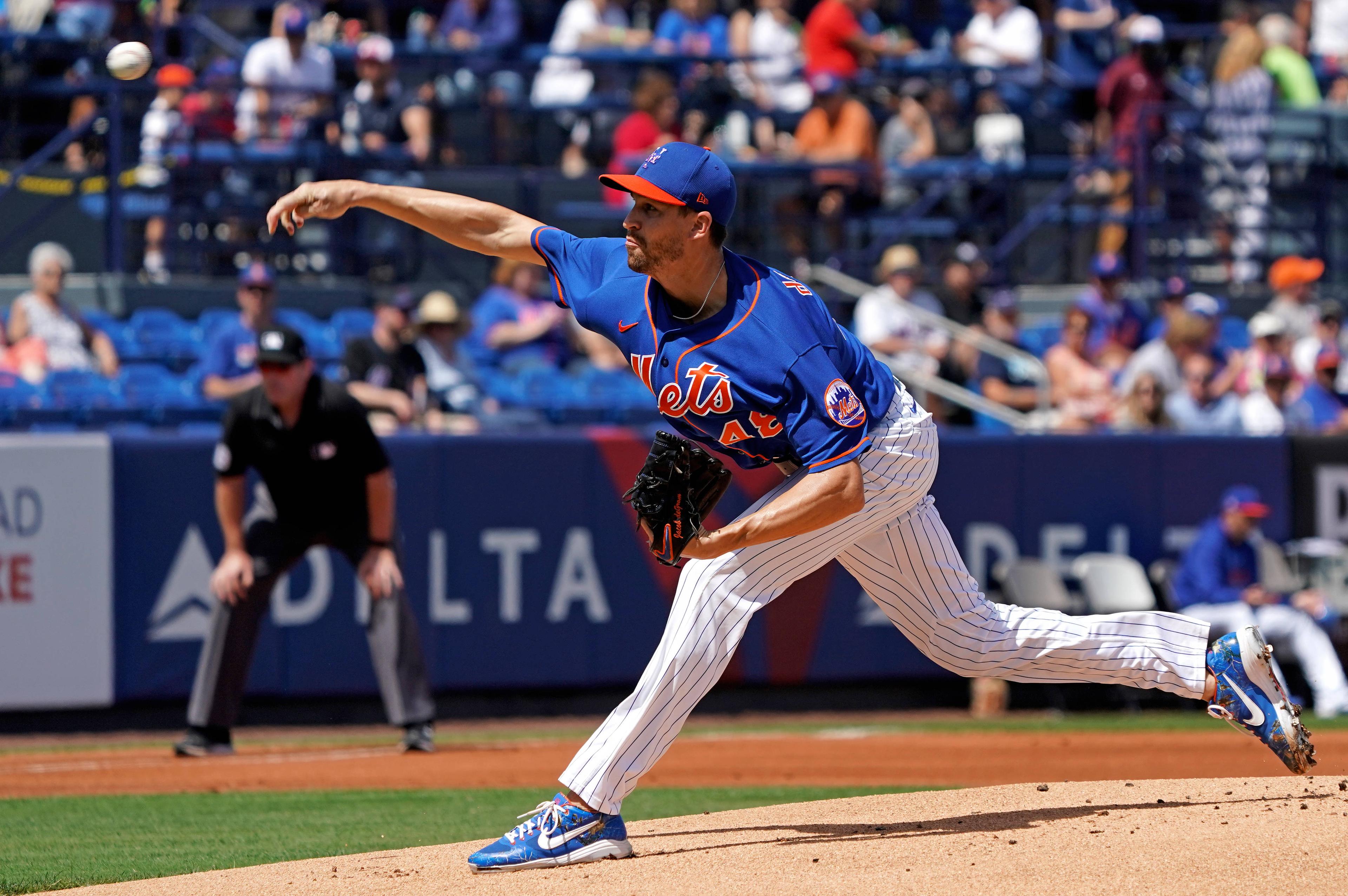 Mar 11, 2020; Port St. Lucie, Florida, USA; New York Mets starting pitcher Jacob deGrom (48) delivers a pitch during a spring training game against the St. Louis Cardinals at Clover Park. Mandatory Credit: Steve Mitchell-USA TODAY Sports