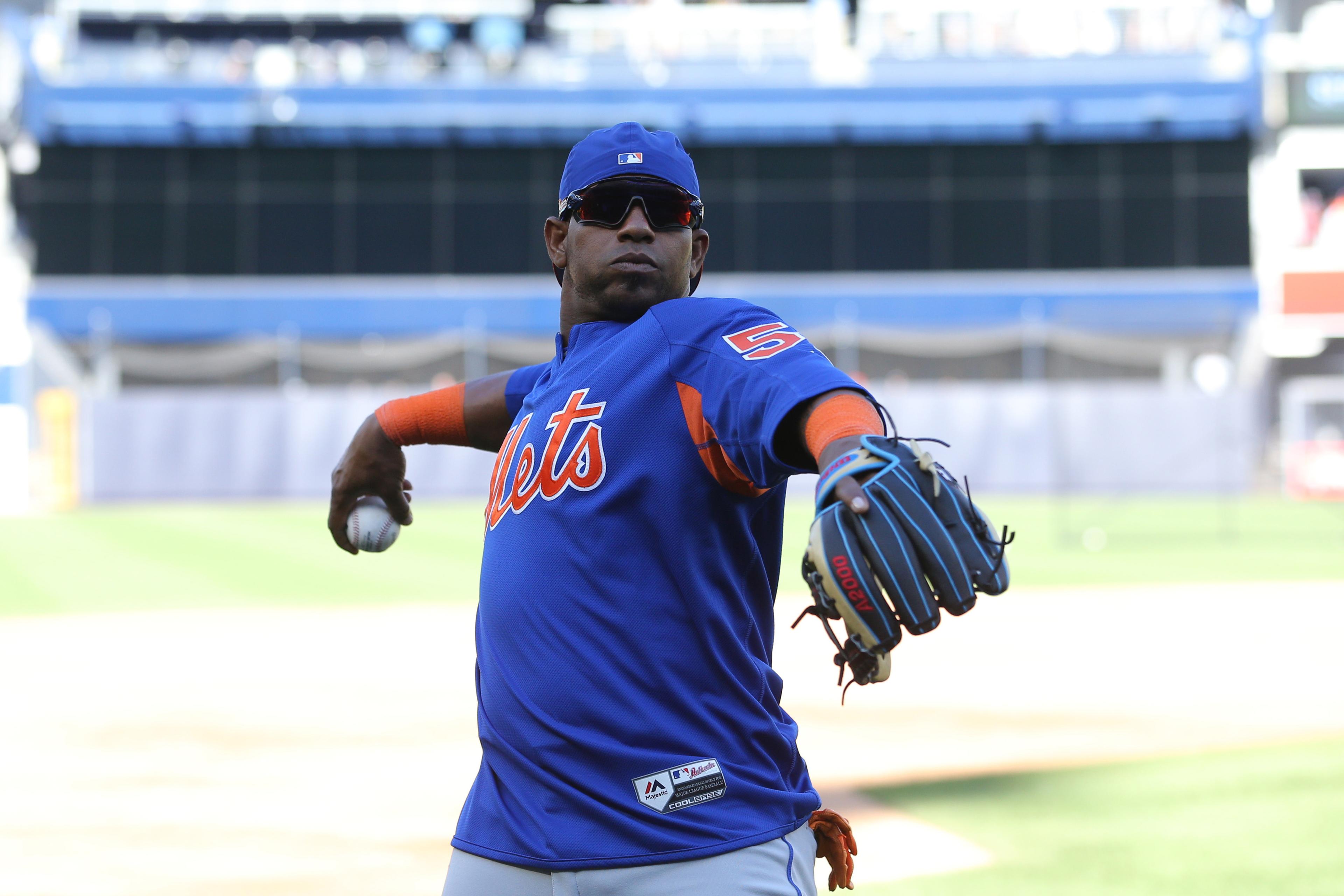 New York Mets designated hitter Yoenis Cespedes warms up before a game against the New York Yankees at Yankee Stadium.