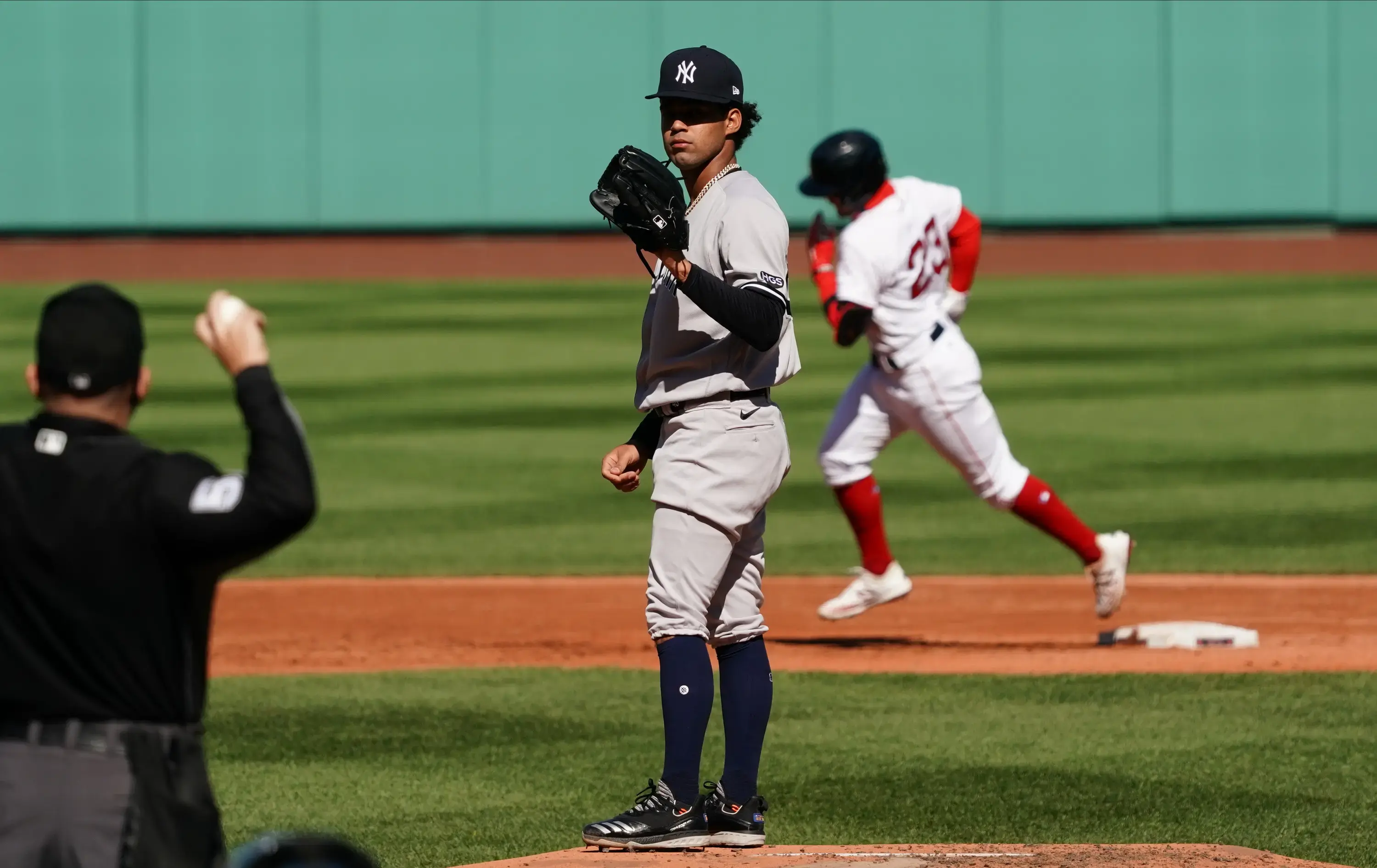 Sep 20, 2020; Boston, Massachusetts, USA; Boston Red Sox first baseman Michael Chavis (23) rounds the bases after hitting a three run home run against New York Yankees starting pitcher Deivi Garcia (83) in the third inning at Fenway / David Butler II-USA TODAY Sports