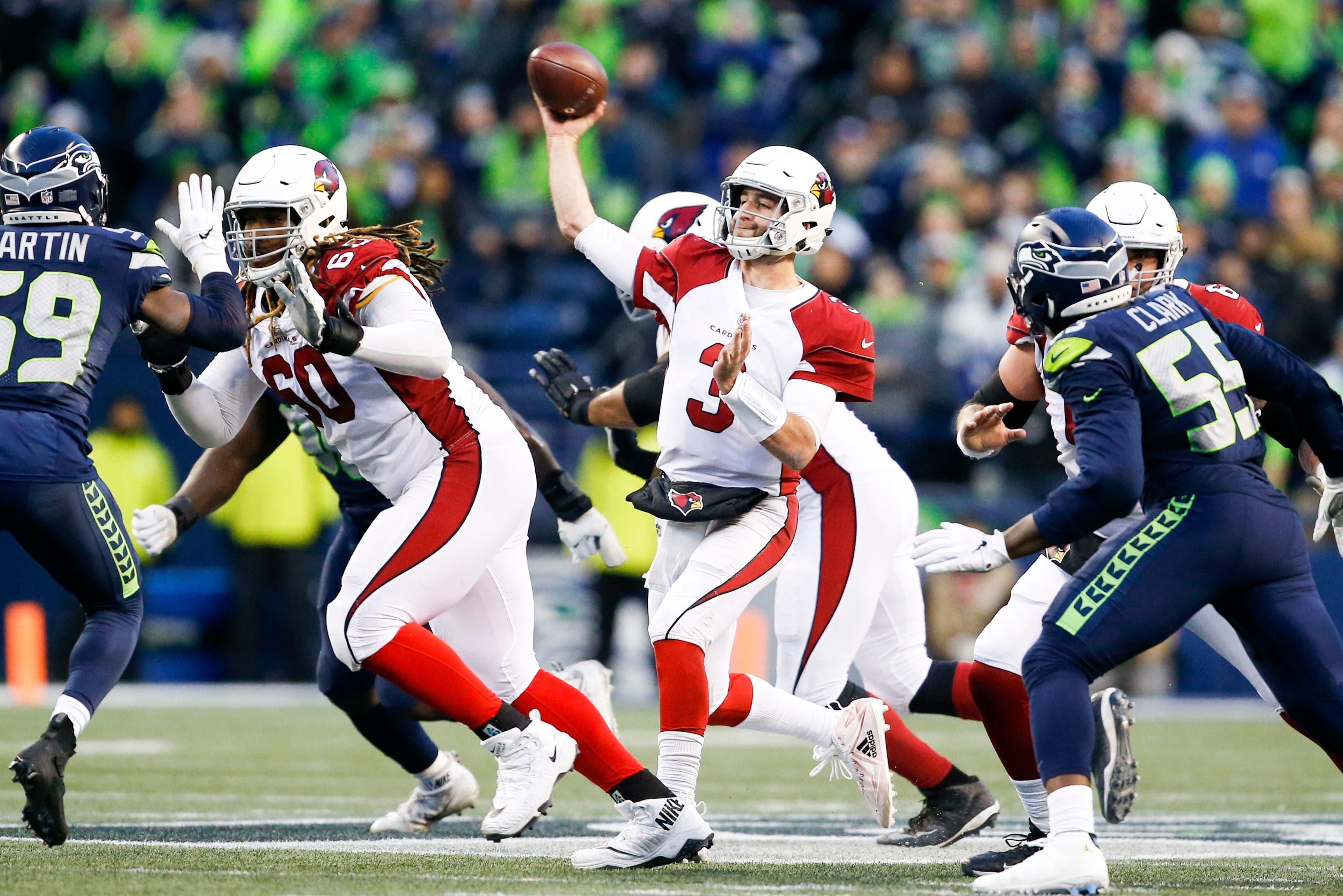 Dec 30, 2018; Seattle, WA, USA; Arizona Cardinals quarterback Josh Rosen (3) passes against the Seattle Seahawks during the fourth quarter at CenturyLink Field. Mandatory Credit: Joe Nicholson-USA TODAY Sports / Joe Nicholson