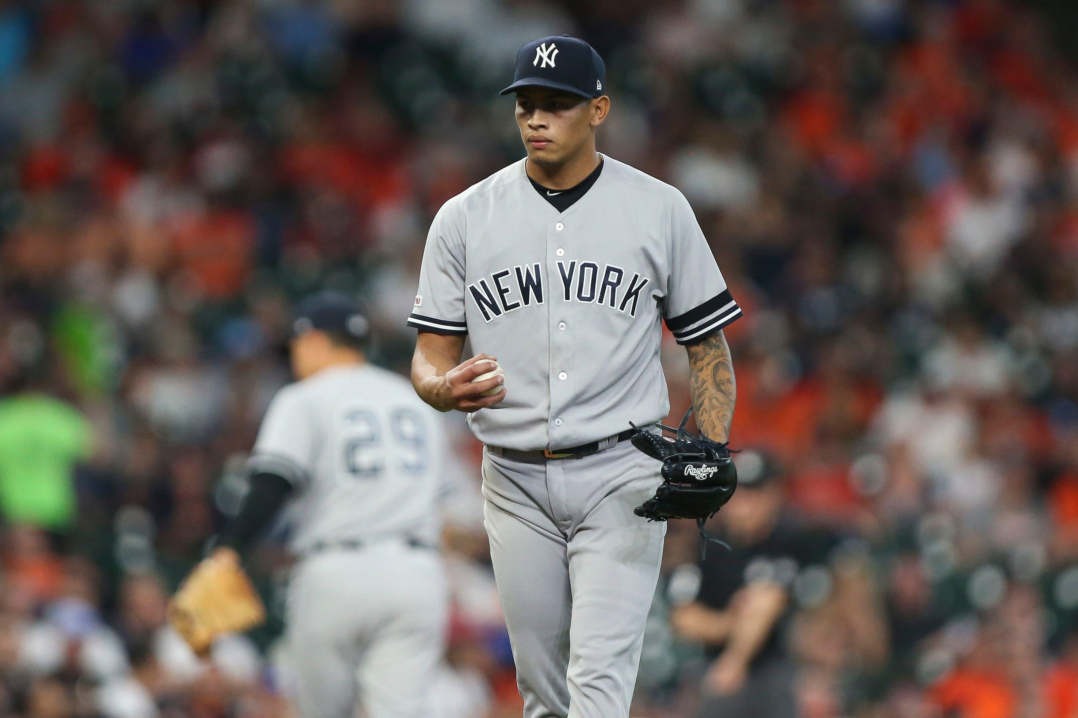 Apr 9, 2019; Houston, TX, USA; New York Yankees starting pitcher Jonathan Loaisiga (38) reacts after a strikeout during the first inning against the Houston Astros at Minute Maid Park. Mandatory Credit: Troy Taormina-USA TODAY Sports / Troy Taormina