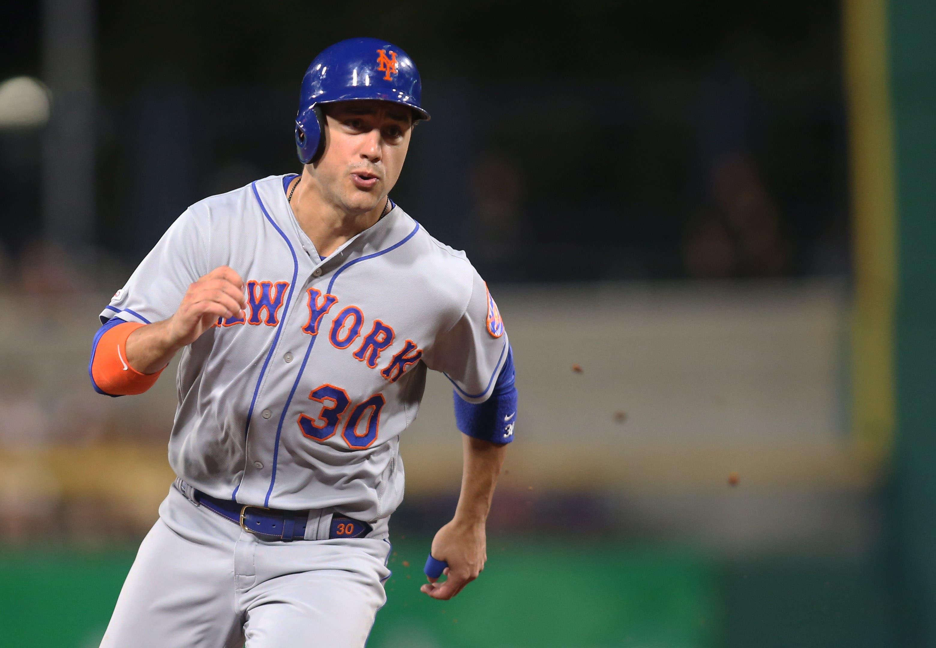 Aug 2, 2019; Pittsburgh, PA, USA; New York Mets center fielder Michael Conforto (30) runs from first to third base against the Pittsburgh Pirates during the seventh inning at PNC Park. Mandatory Credit: Charles LeClaire-USA TODAY Sports / Charles LeClaire