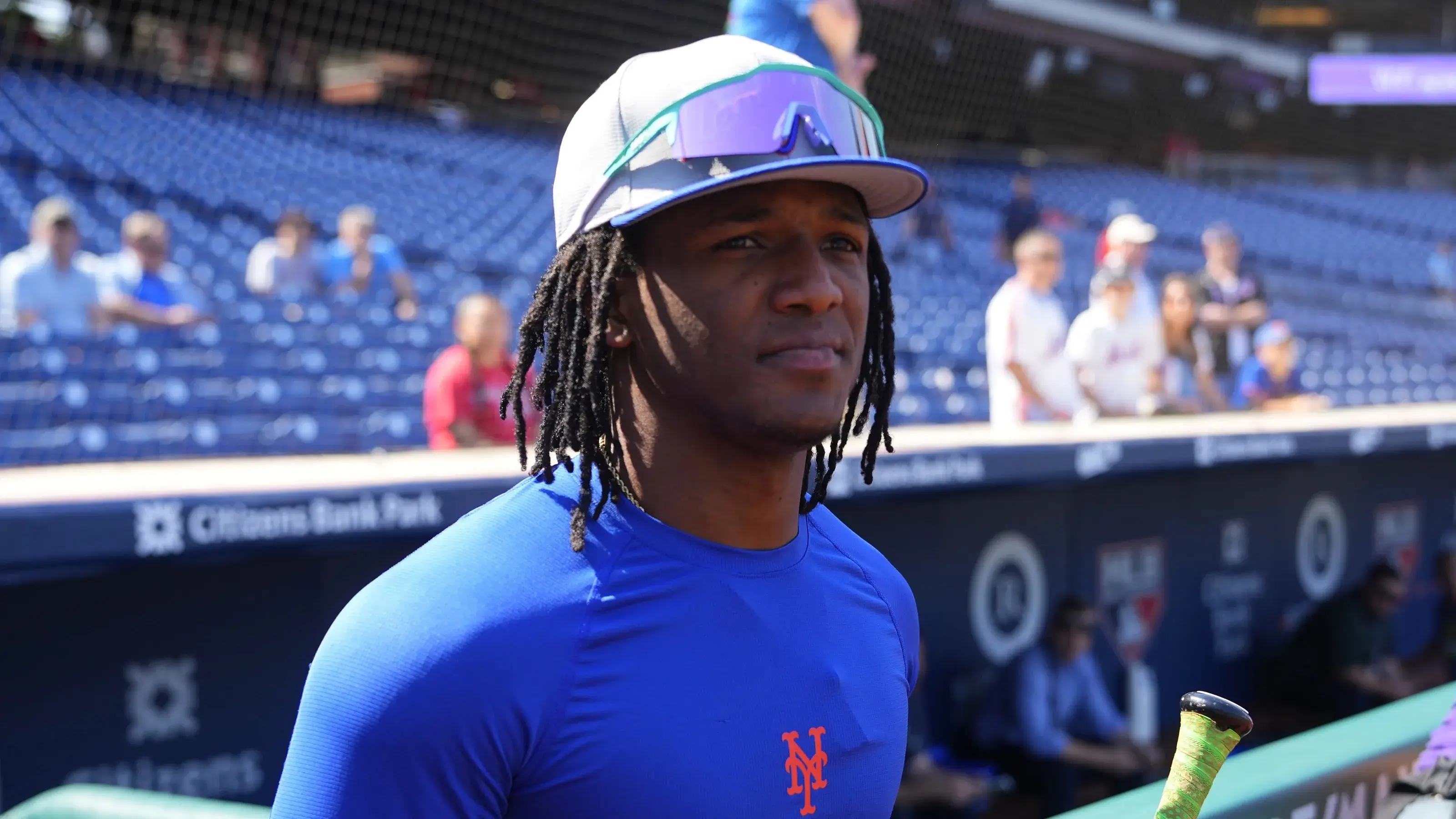 New York Mets shortstop Luisangel Acuna (2) walks to take batting practice prior to the game against the Philadelphia Phillies at Citizens Bank Park. / Gregory Fisher-Imagn Images