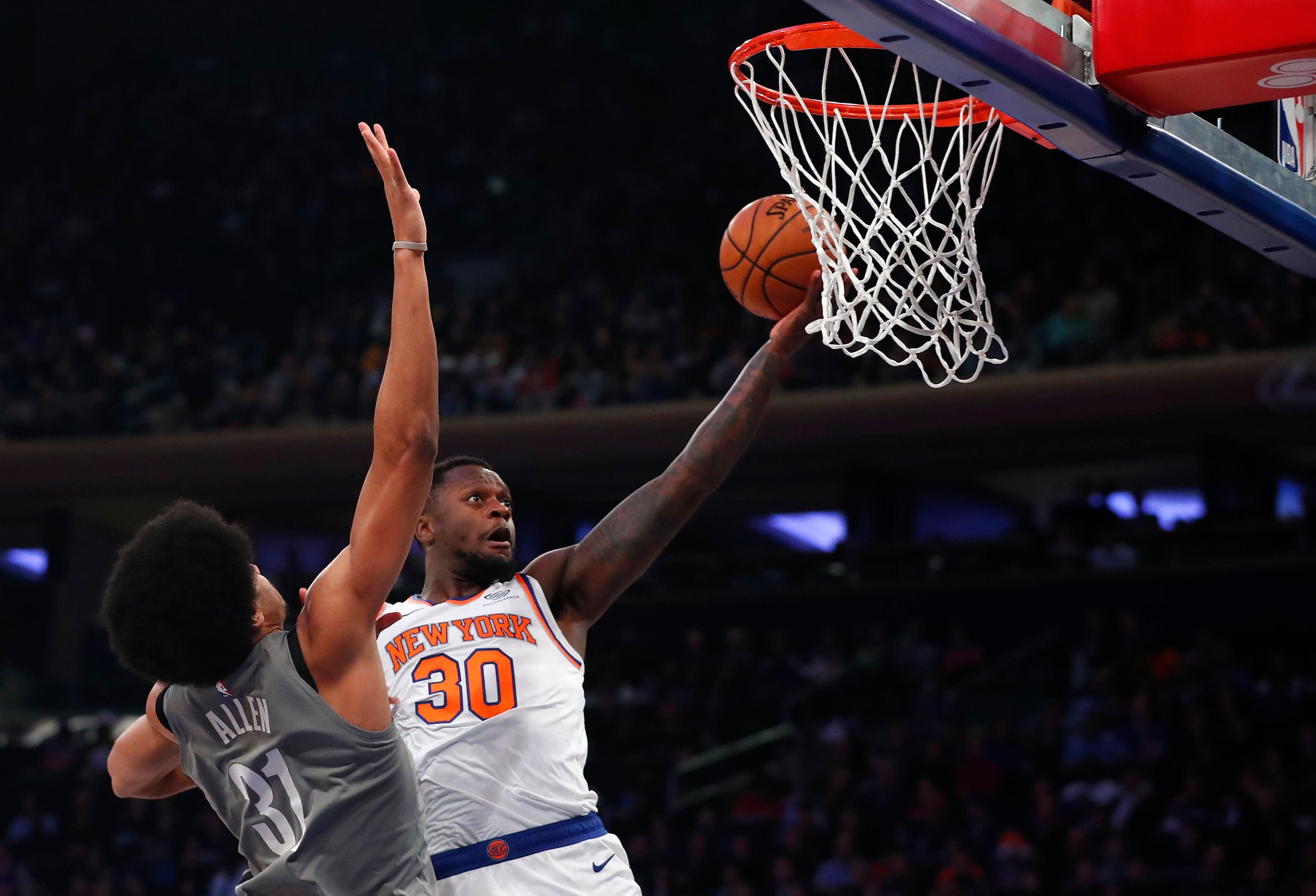 Nov 24, 2019; New York, NY, USA; New York Knicks forward Julius Randle (30) goes to the basket against Brooklyn Nets center Jarrett Allen (31) during the first half at Madison Square Garden. Mandatory Credit: Noah K. Murray-USA TODAY Sports / Noah K. Murray