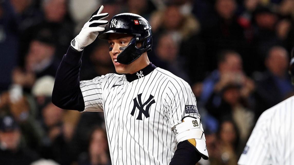 Oct 15, 2024; Bronx, New York, USA; New York Yankees outfielder Aaron Judge (99) celebrates after hitting a two run home run during the seventh inning against the Cleveland Guardians in game two of the ALCS for the 2024 MLB Playoffs at Yankee Stadium.