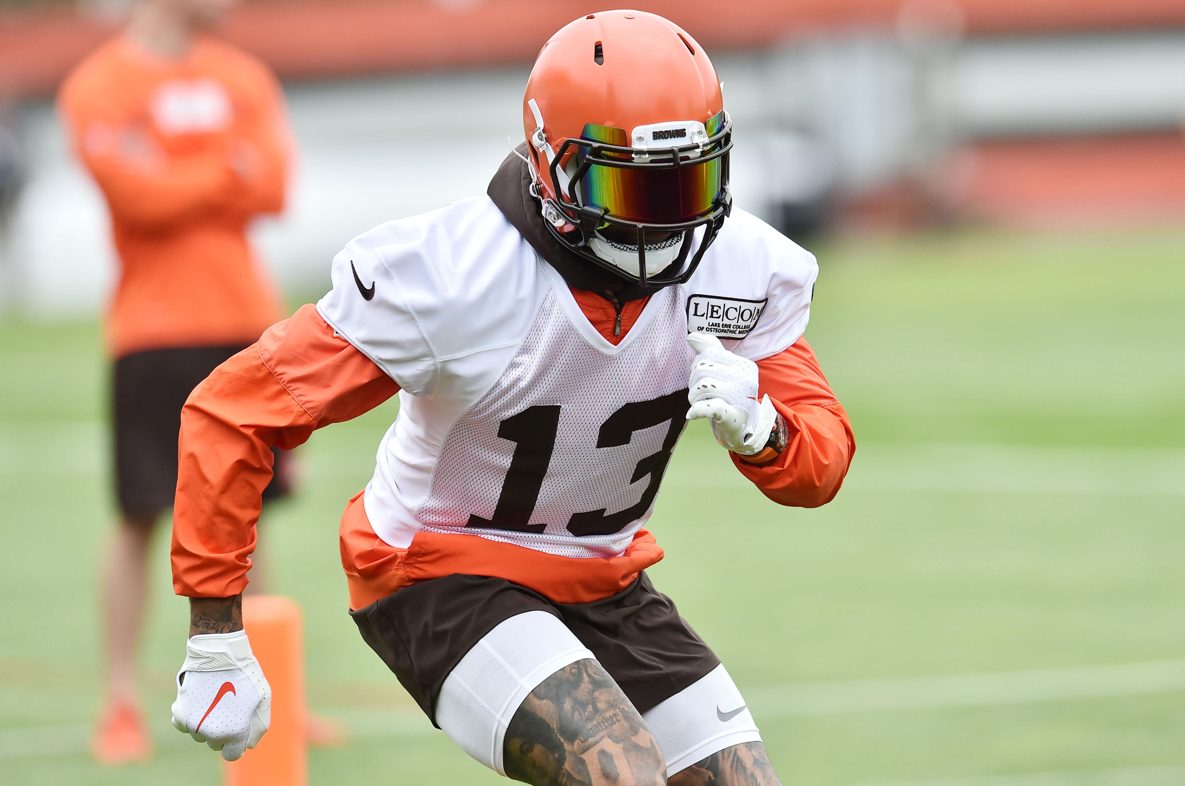 Jun 4, 2019; Berea, OH, USA; Cleveland Browns wide receiver Odell Beckham Jr. (13) runs a drill during minicamp at the Cleveland Browns training facility. Mandatory Credit: Ken Blaze-USA TODAY Sports

