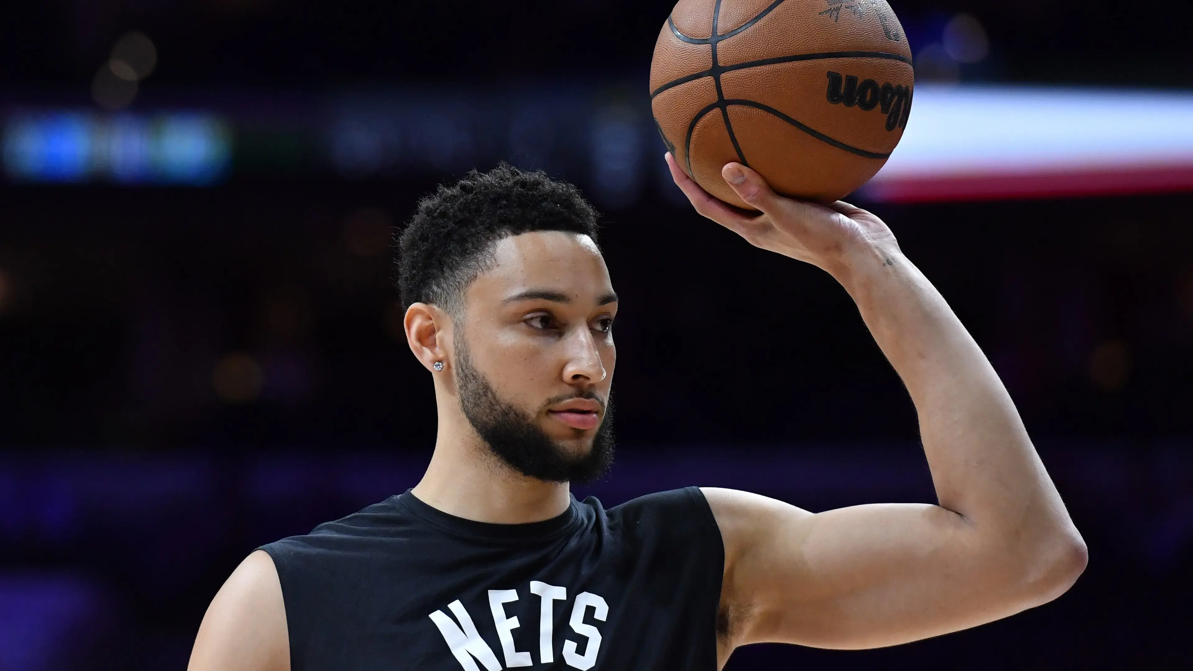 Mar 10, 2022; Philadelphia, Pennsylvania, USA; Brooklyn Nets guard Ben Simmons (10) during warmups before the game against the Philadelphia 76ers at Wells Fargo Center. / Eric Hartline-USA TODAY Sports