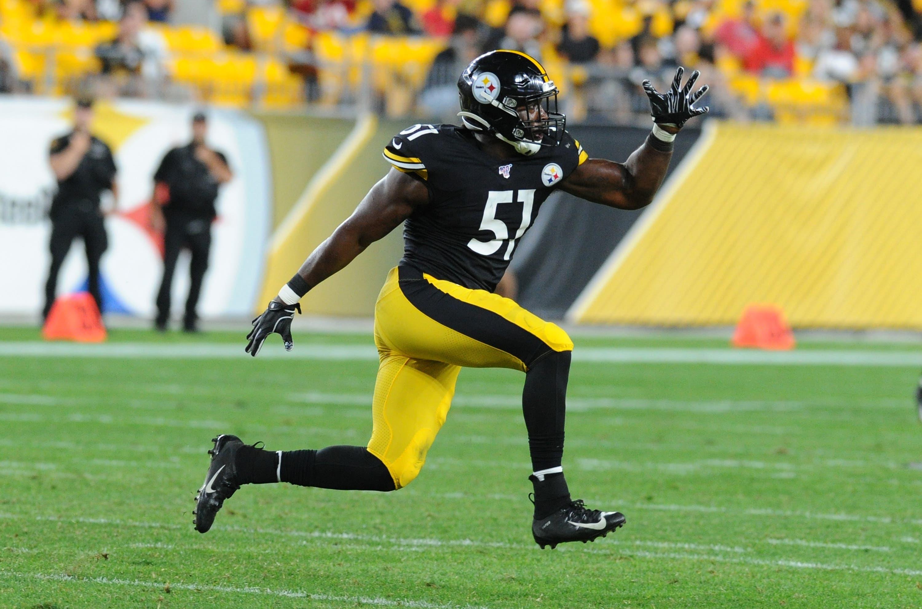 Aug 9, 2019; Pittsburgh, PA, USA; Pittsburgh Steelers linebacker Tuzar Skipper (51) celebrates a fourth quarter sack against the Tampa Bay Buccaneers at Heinz Field. Mandatory Credit: Philip G. Pavely-USA TODAY Sports / Philip G. Pavely