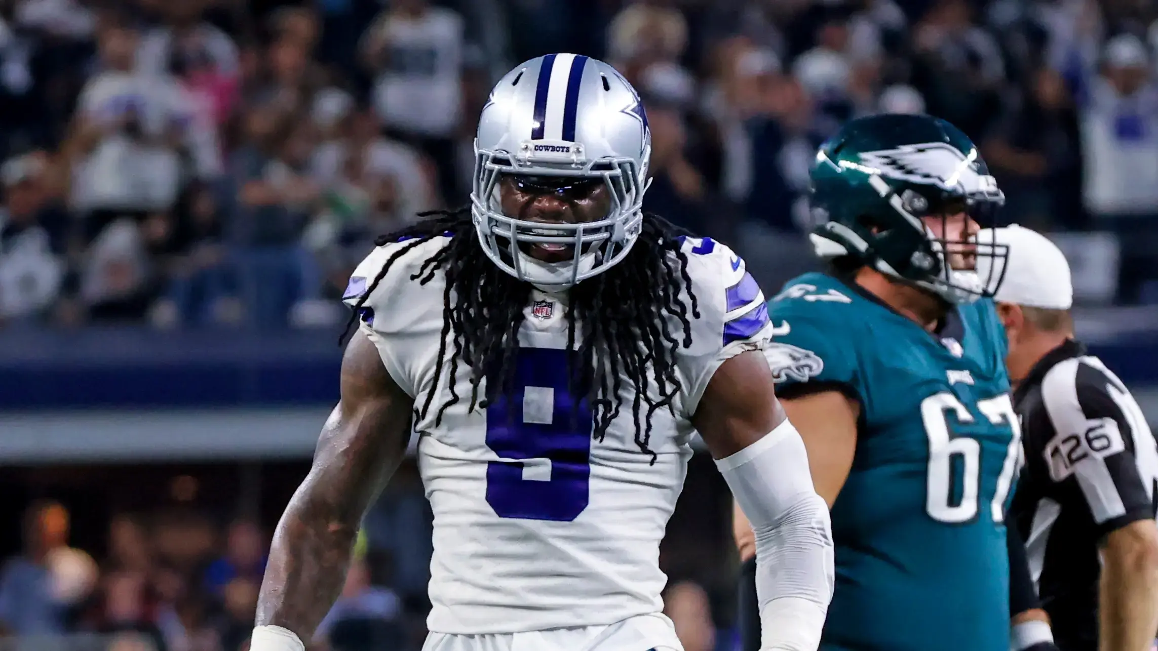 Dallas Cowboys middle linebacker Jaylon Smith (9) reacts during the game against the Philadelphia Eagles at AT&T Stadium. / Kevin Jairaj-USA TODAY Sports