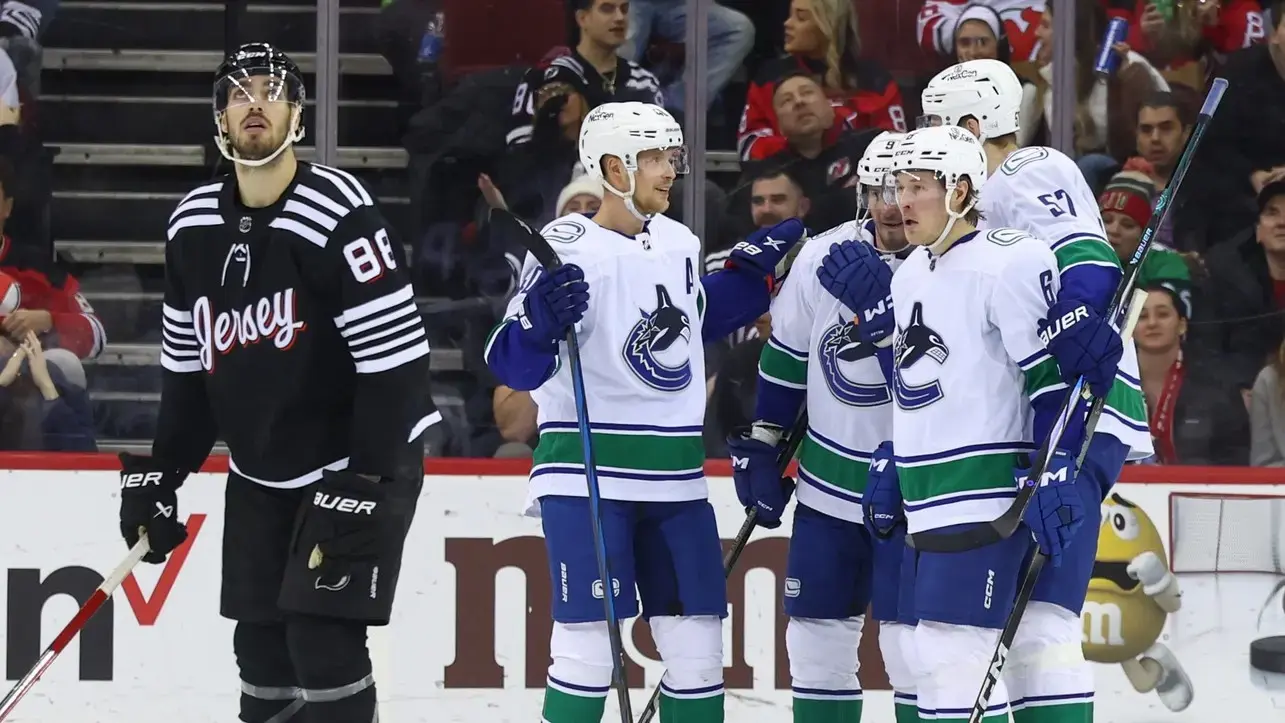 Vancouver Canucks center J.T. Miller (9) celebrates his goal against the New Jersey Devils during the second period at Prudential Center. / Ed Mulholland-USA TODAY Sports