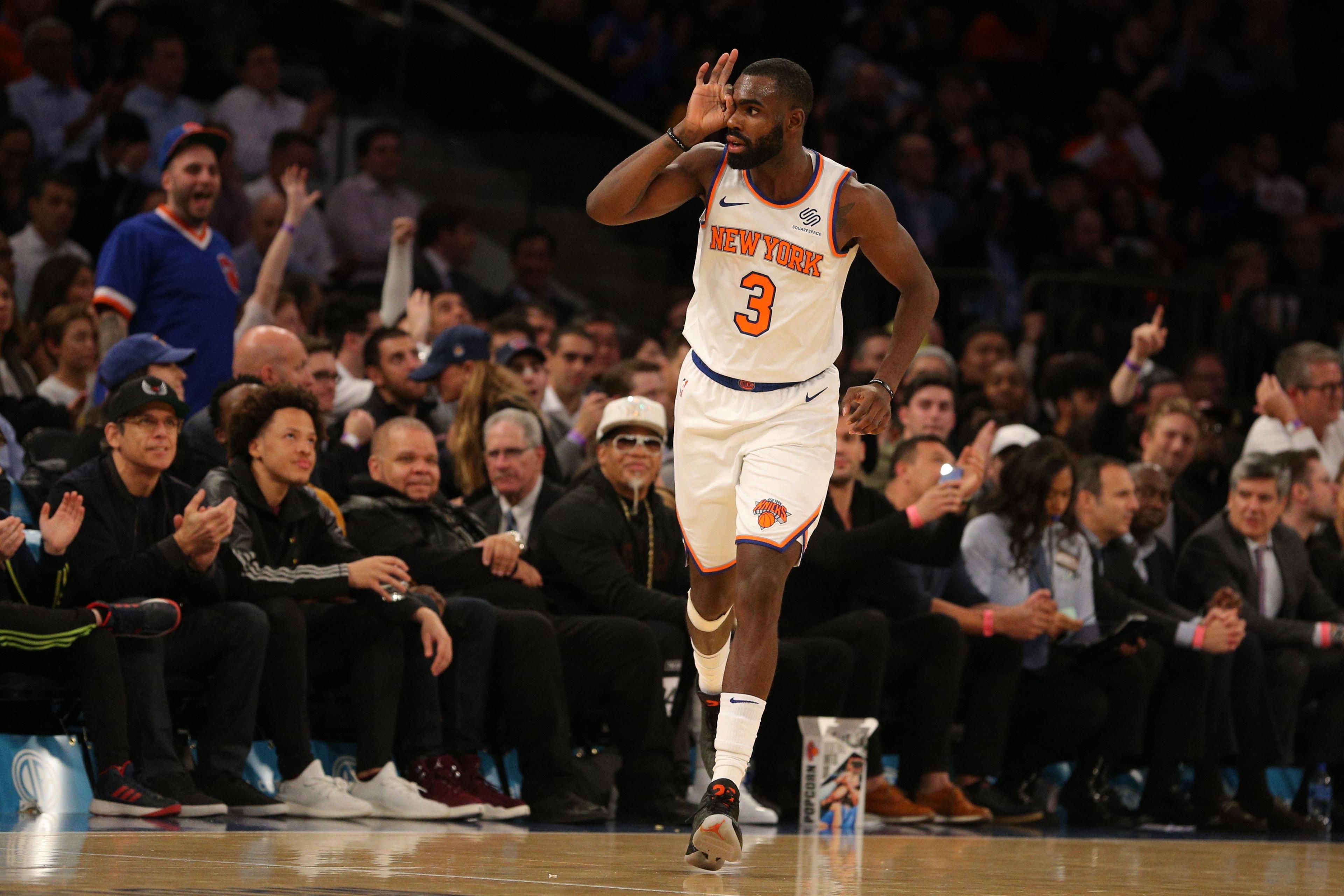 Oct 29, 2018; New York, NY, USA; New York Knicks guard Tim Hardaway Jr. (3) reacts during the third quarter against the Brooklyn Nets at Madison Square Garden. Mandatory Credit: Brad Penner-USA TODAY Sports / Brad Penner