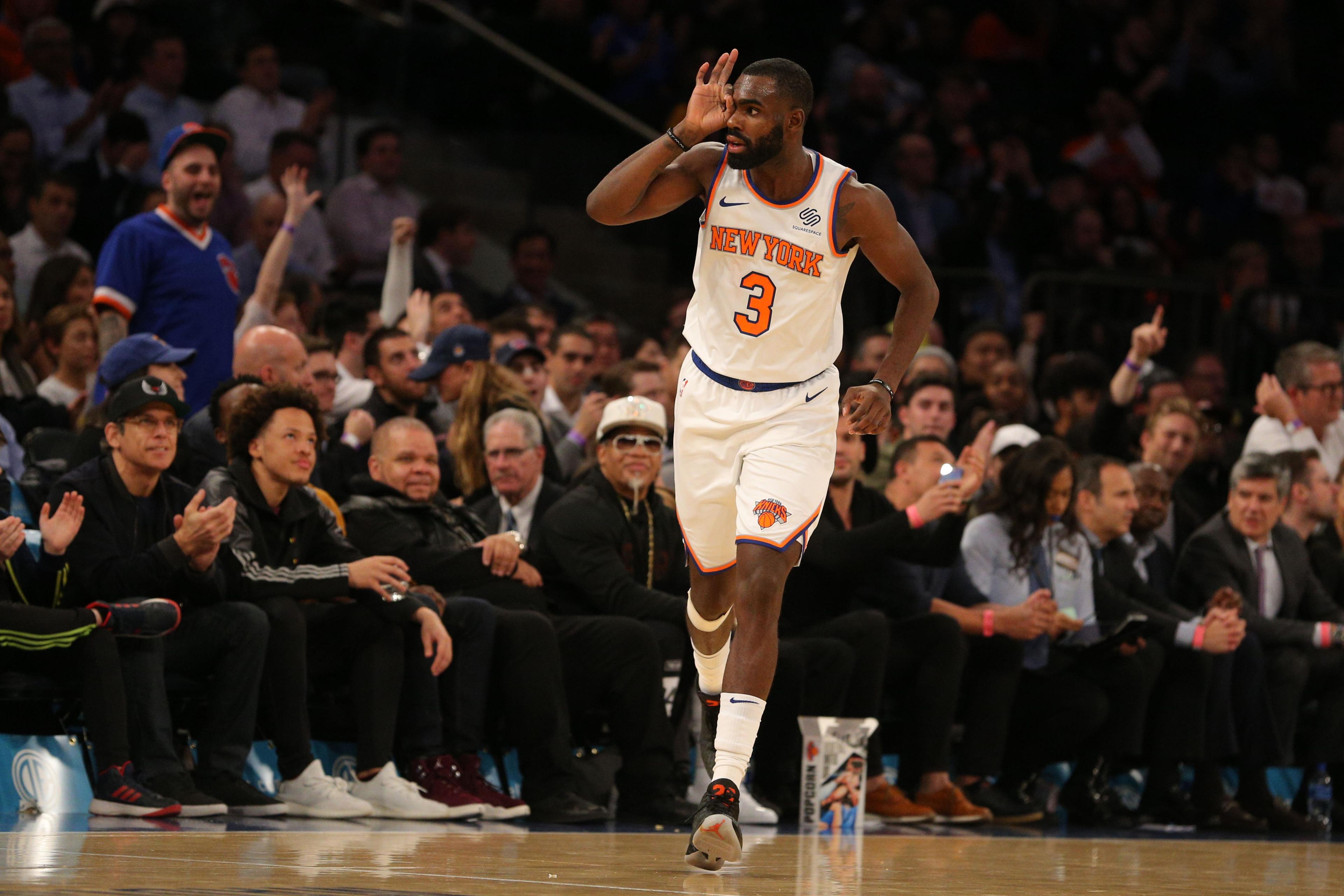 Oct 29, 2018; New York, NY, USA; New York Knicks guard Tim Hardaway Jr. (3) reacts during the third quarter against the Brooklyn Nets at Madison Square Garden. Mandatory Credit: Brad Penner-USA TODAY Sports