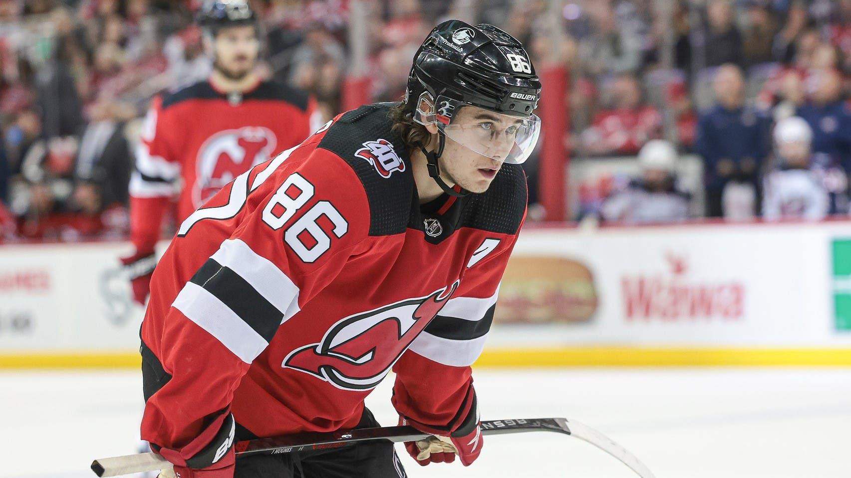 Apr 6, 2023; Newark, New Jersey, USA; New Jersey Devils center Jack Hughes (86) before a face off during the third period against the Columbus Blue Jackets at Prudential Center. / Vincent Carchietta-USA TODAY Sports