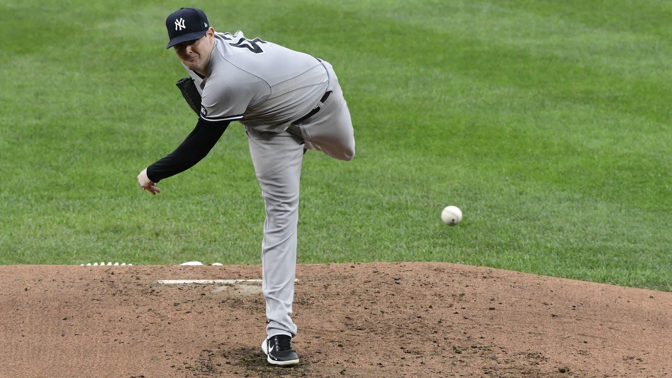 New York Yankees starting pitcher Jordan Montgomery (47) delivers a third inning pitch against the Baltimore Orioles at Oriole Park at Camden Yards. / Tommy Gilligan-USA TODAY Sports