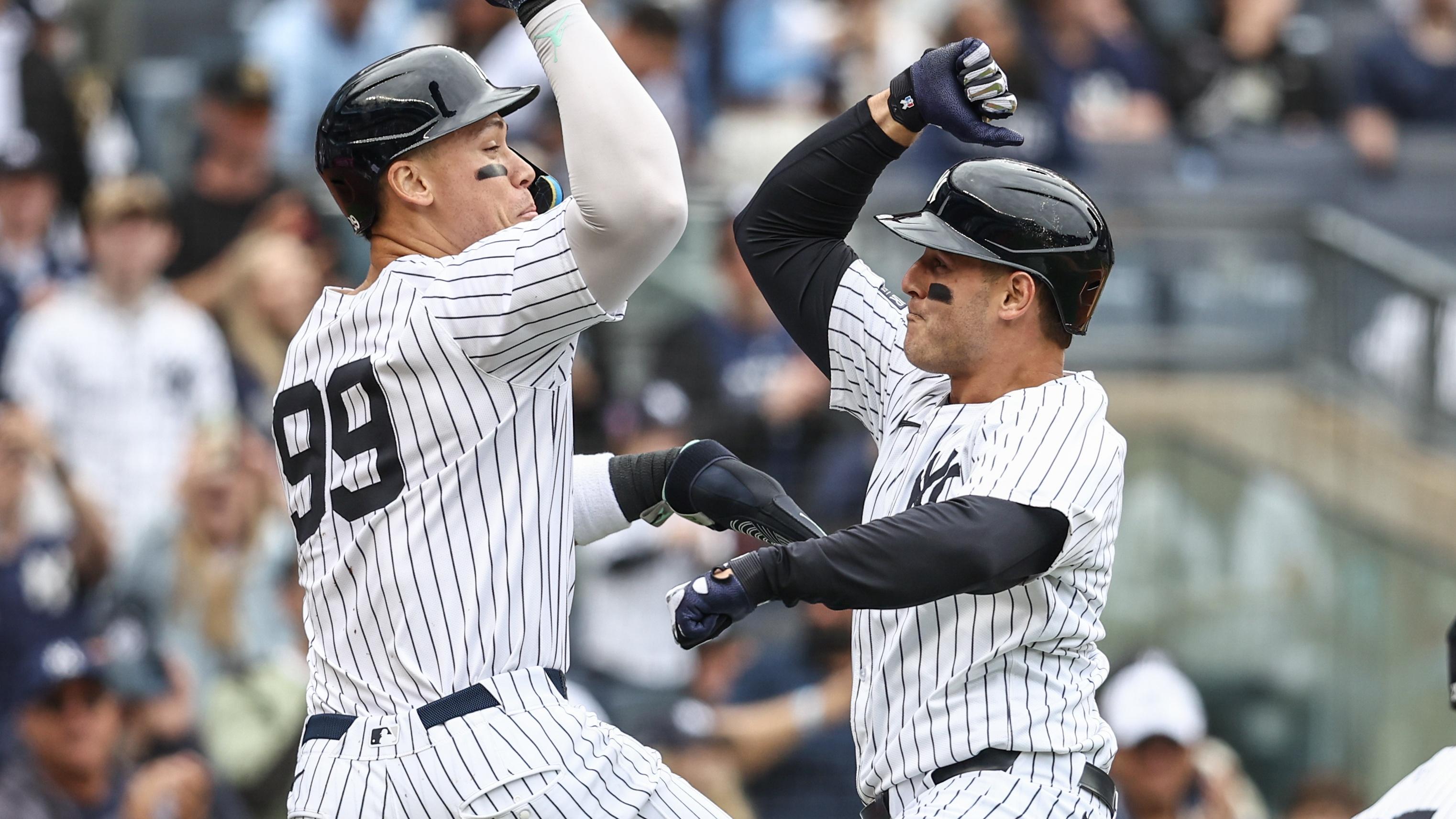 New York Yankees first baseman Anthony Rizzo (48) celebrates with center fielder Aaron Judge (99) after hitting a three run home run in the third inning against the Detroit Tigers at Yankee Stadium / Wendell Cruz - USA TODAY Sports