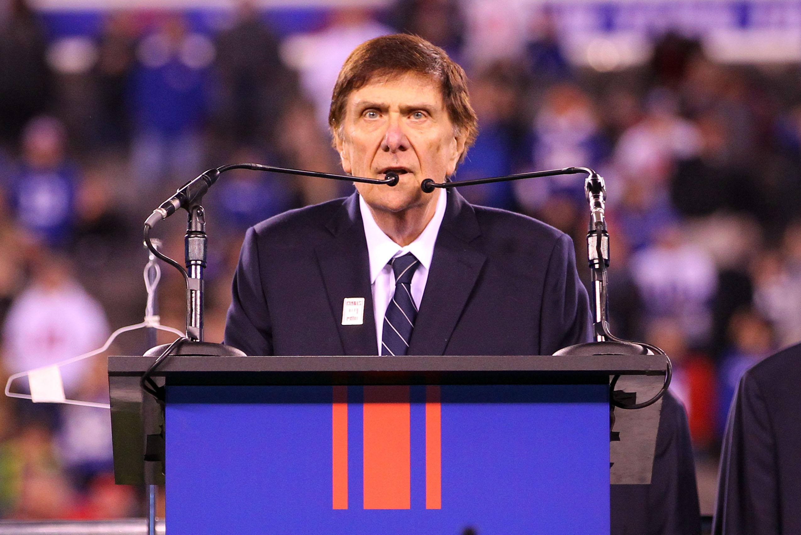 Nov 14, 2016; East Rutherford, NJ, USA; Former New York Giants GM Ernie Accorsi speaks at his induction ceremony into the Giants Ring of Honor during the first half at MetLife Stadium. Mandatory Credit: Ed Mulholland-USA TODAY Sports