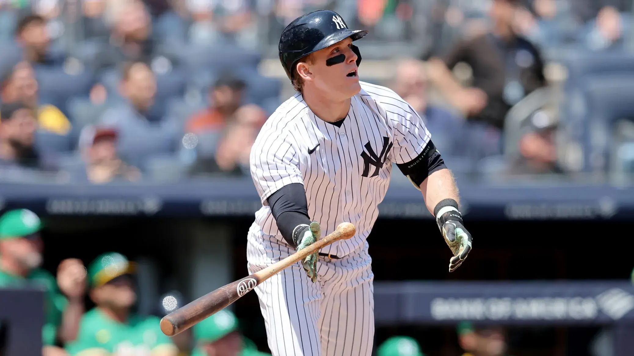 May 10, 2023; Bronx, New York, USA; New York Yankees center fielder Harrison Bader (22) tosses his bat as he watches his three run home run against the Oakland Athletics during the first inning at Yankee Stadium. / Brad Penner-USA TODAY Sports