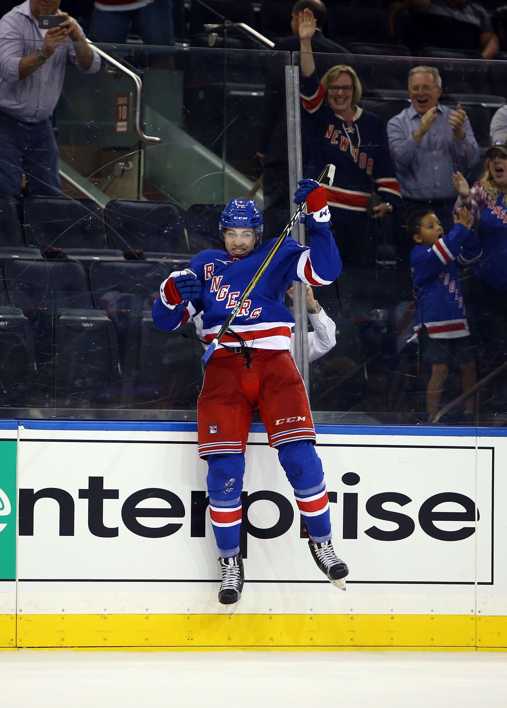 Sep 20, 2017; New York, NY, USA; New York Rangers center Filip Chytil (72) celebrates his game winning overtime goal against the New Jersey Devils at Madison Square Garden. Mandatory Credit: Danny Wild-USA TODAY Sports / Danny Wild