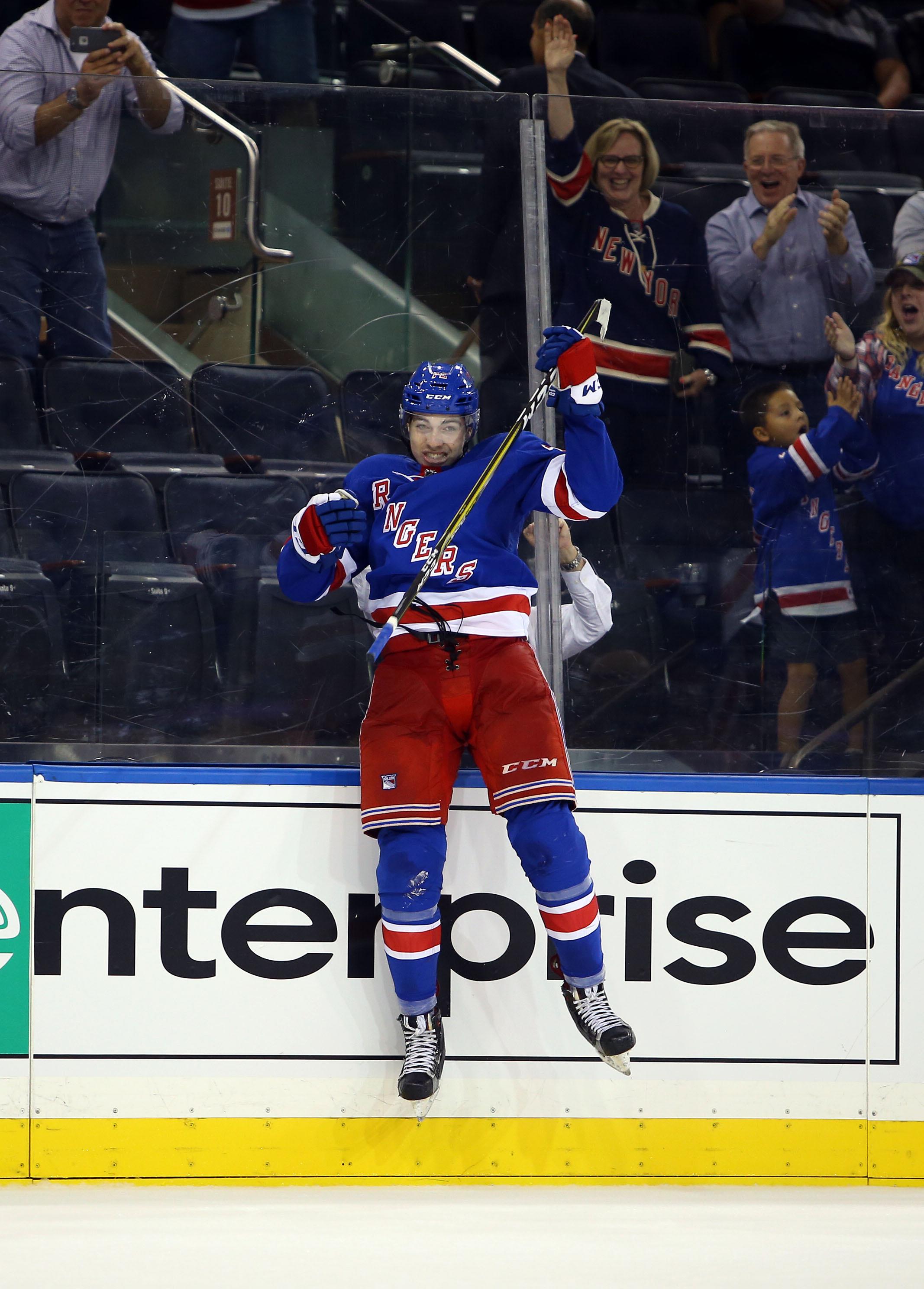 Sep 20, 2017; New York, NY, USA; New York Rangers center Filip Chytil (72) celebrates his game winning overtime goal against the New Jersey Devils at Madison Square Garden. Mandatory Credit: Danny Wild-USA TODAY Sports