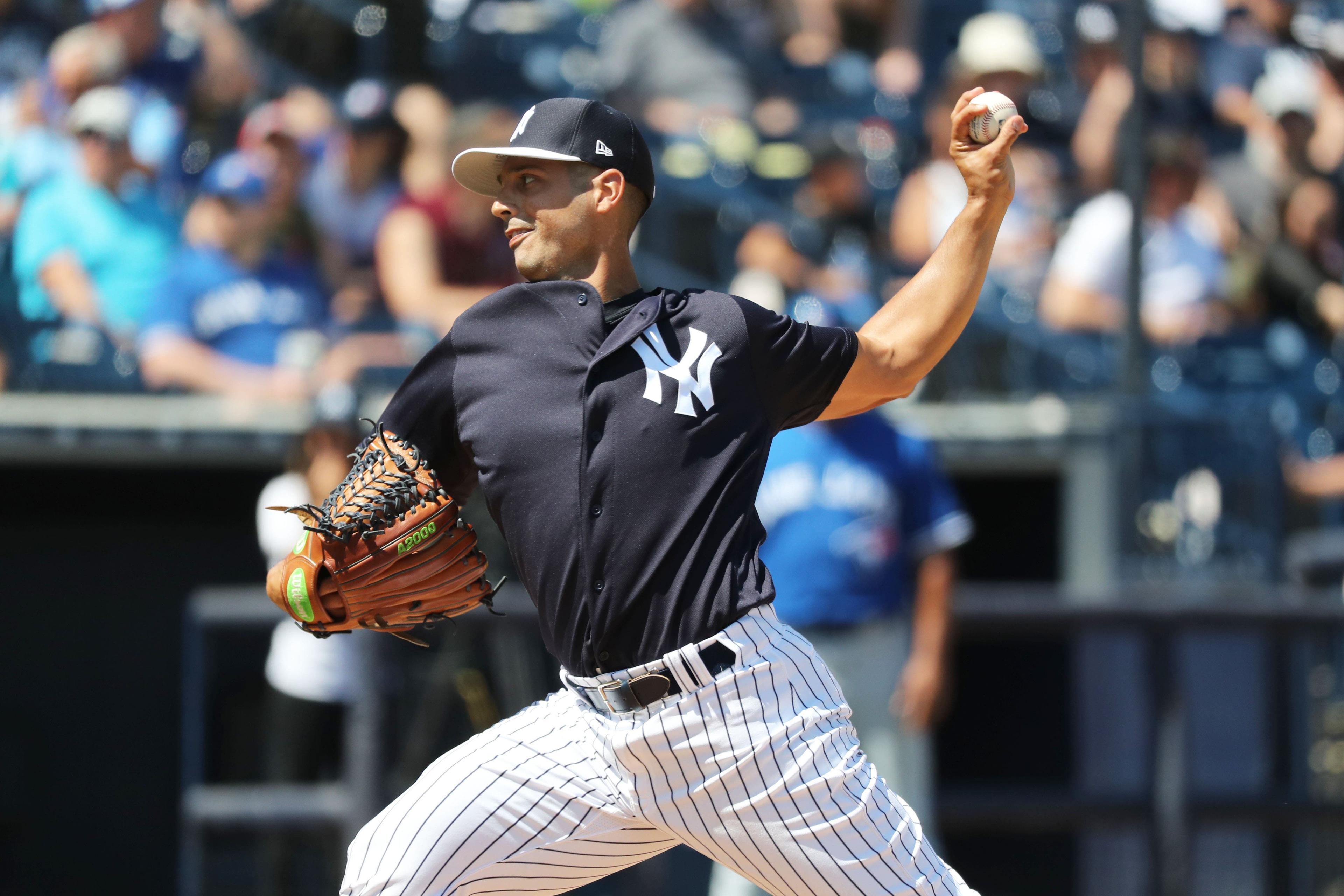 Mar 23, 2019; Tampa, FL, USA; New York Yankees pitcher Gio Gonzalez (43) throws a pitch during the sixth inning against the Toronto Blue Jays at George M. Steinbrenner Field. Mandatory Credit: Kim Klement-USA TODAY Sports / Kim Klement