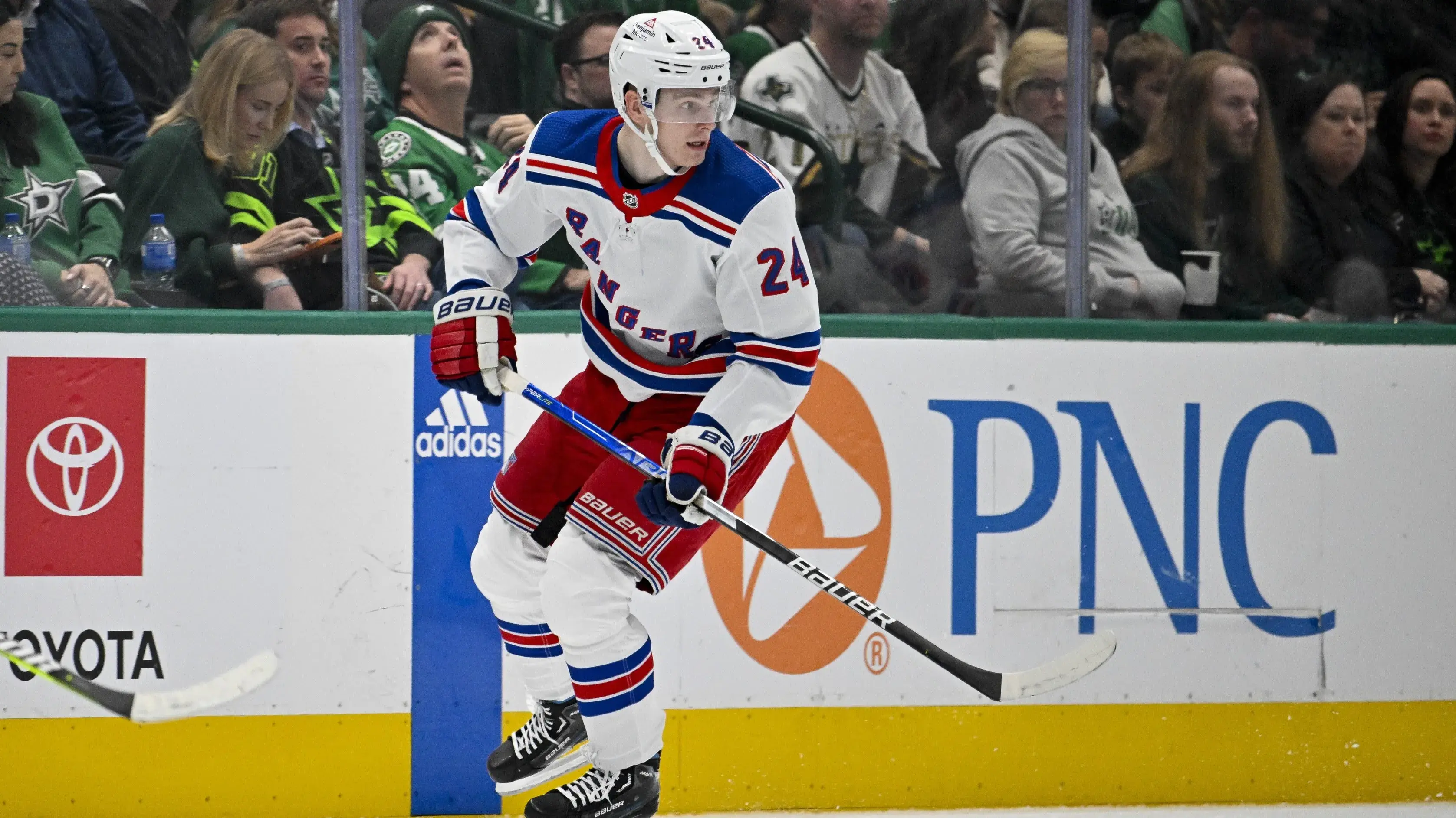 Nov 20, 2023; Dallas, Texas, USA; New York Rangers right wing Kaapo Kakko (24) in action during the game between the Dallas Stars and the New York Rangers at the American Airlines Center. / Jerome Miron-USA TODAY Sports