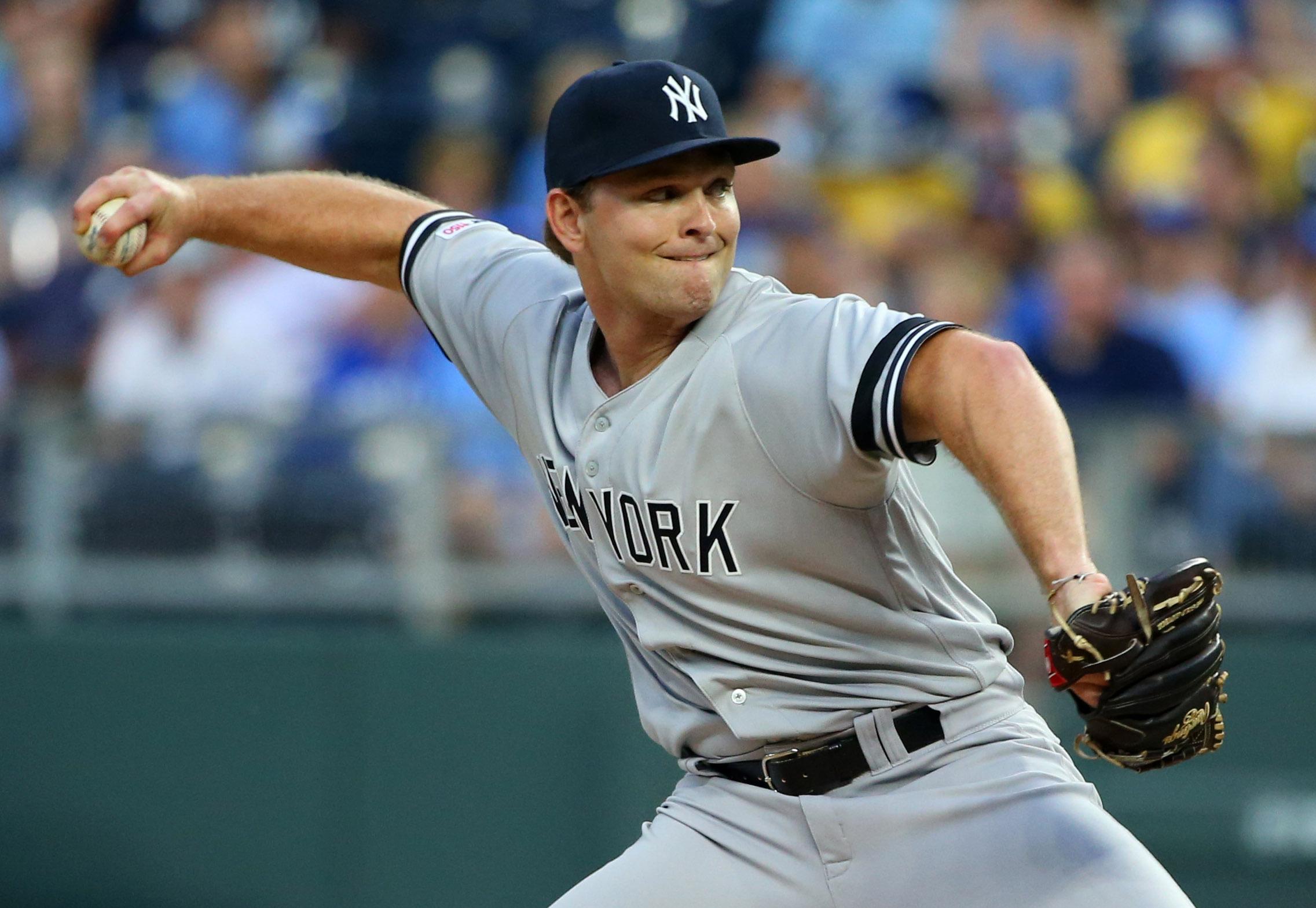 May 25, 2019; Kansas City, MO, USA; New York Yankees relief pitcher Chance Adams (35) pitches against the Kansas City Royals during the second inning in the second game of a double header at Kauffman Stadium. Mandatory Credit: Jay Biggerstaff-USA TODAY Sports