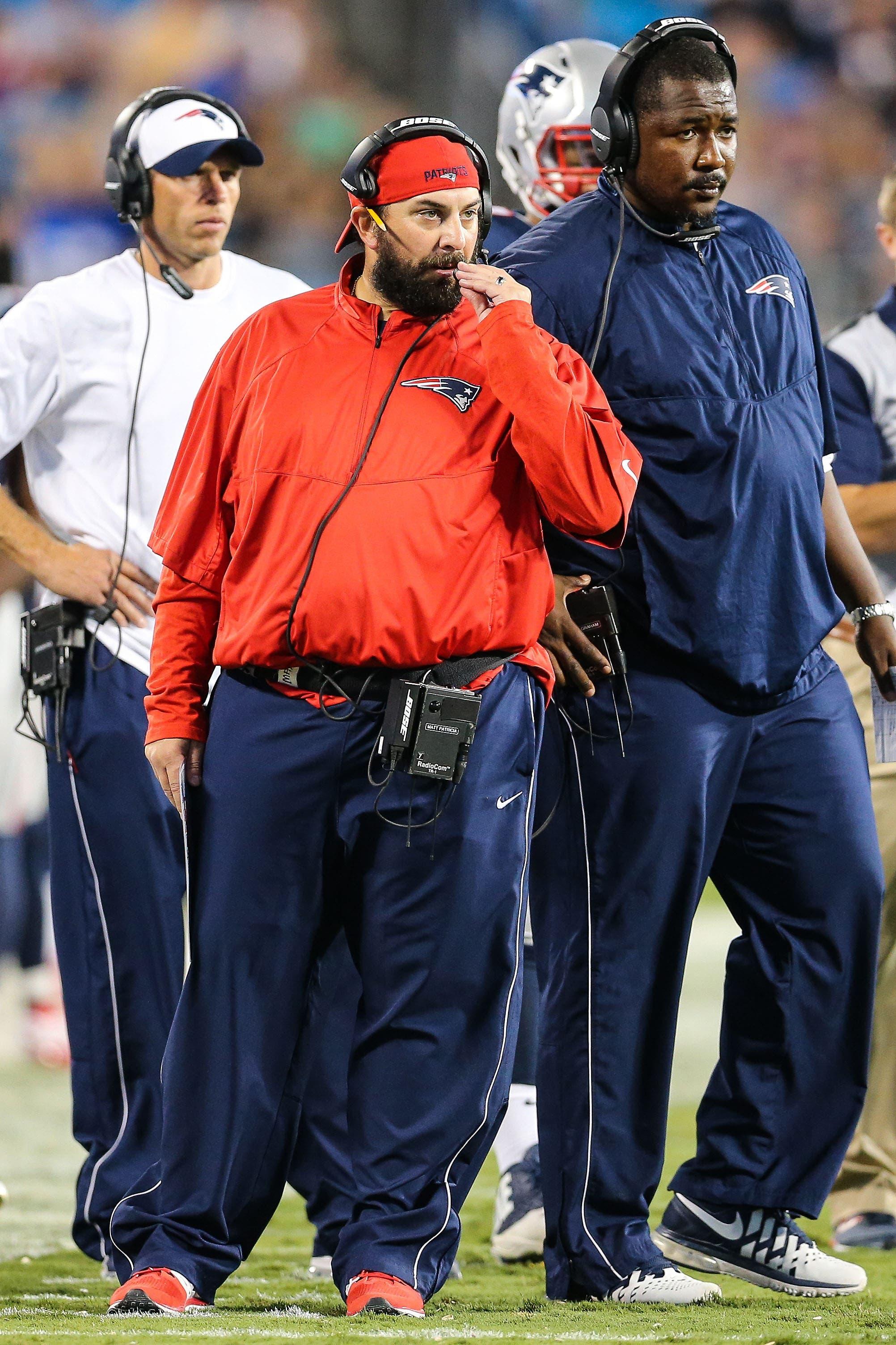 Patrick Graham, right, who coached linebackers the past two years, is the new Giants defensive line coach. Graham is pictured with Pats defensive coordiantor Matt Patricia. (Jim Dedmon-USA TODAY Sports) / Jim Dedmon