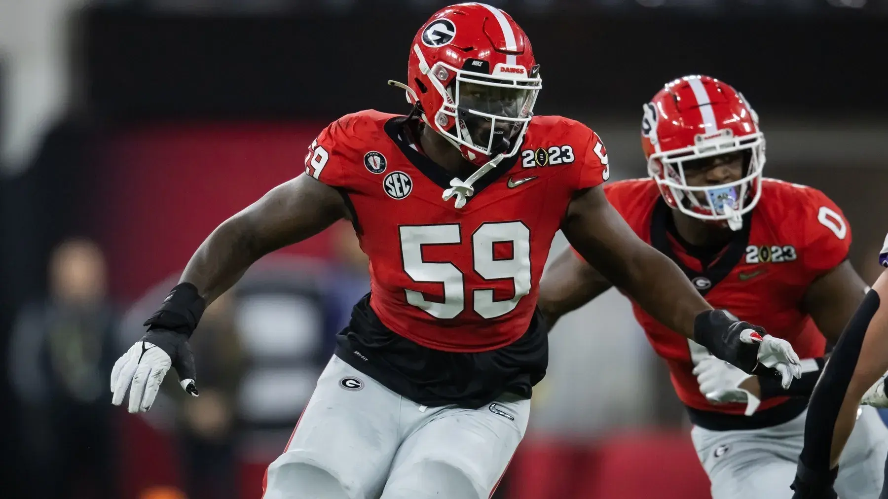 Jan 9, 2023; Inglewood, CA, USA; Georgia Bulldogs offensive lineman Broderick Jones (59) against the TCU Horned Frogs during the CFP national championship game at SoFi Stadium. / Mark J. Rebilas-USA TODAY Sports