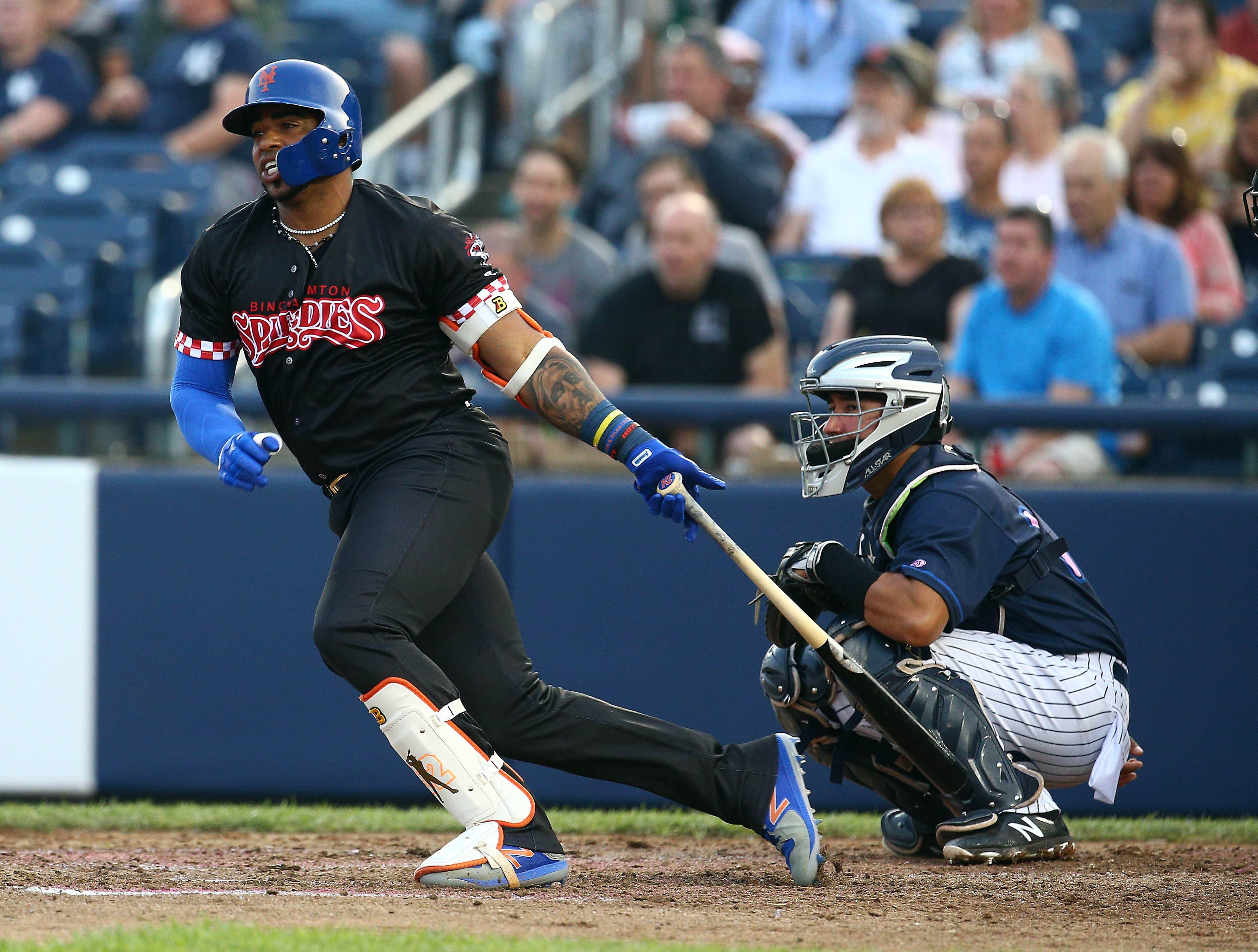 Jun 8, 2018; Trenton, NJ, USA; Binghamton Rumble Ponies left fielder Yoenis Cespedes at bat against the Trenton Thunder at Arm and Hammer Park. Mandatory Credit: Bob Karp-Daily Record via USA TODAY NETWORK / Bob Karp