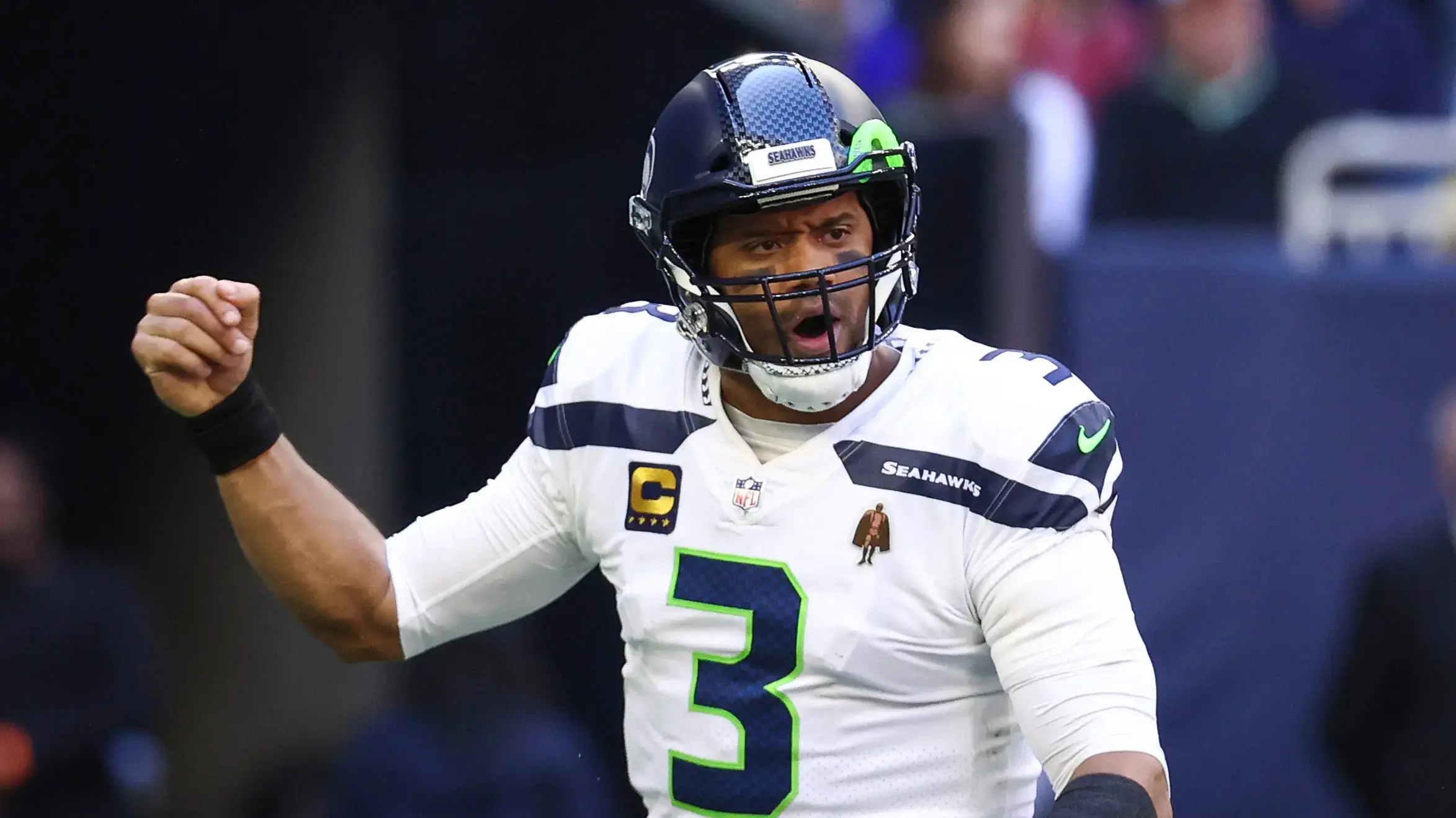 Dec 12, 2021; Houston, Texas, USA; Seattle Seahawks quarterback Russell Wilson (3) reacts after a touchdown pass during the second quarter against the Houston Texans at NRG Stadium. / Troy Taormina-USA TODAY Sport
