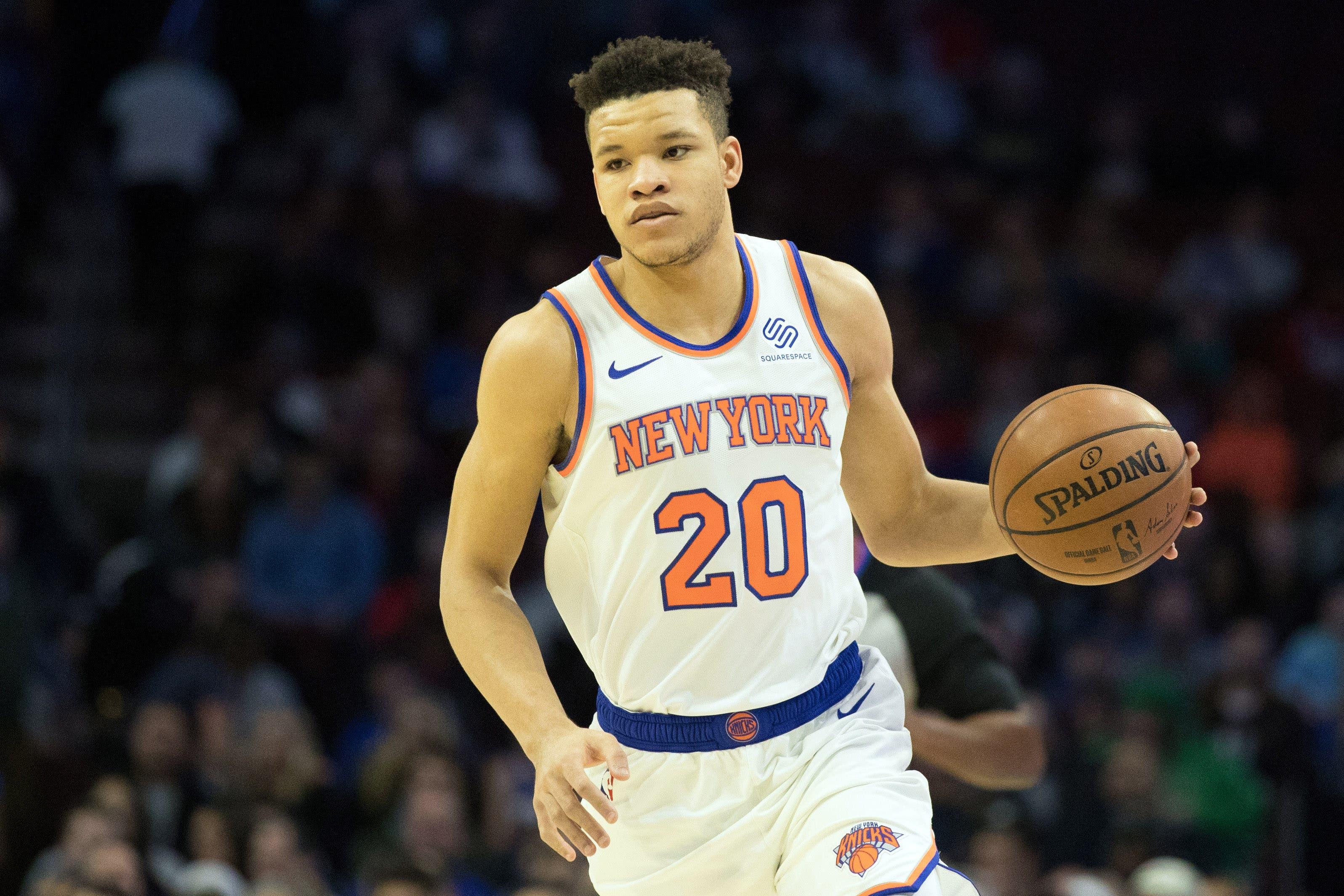 Dec 19, 2018; Philadelphia, PA, USA; New York Knicks forward Kevin Knox (20) dribbles against the Philadelphia 76ers during the first quarter at Wells Fargo Center. Mandatory Credit: Bill Streicher-USA TODAY Sports / Bill Streicher