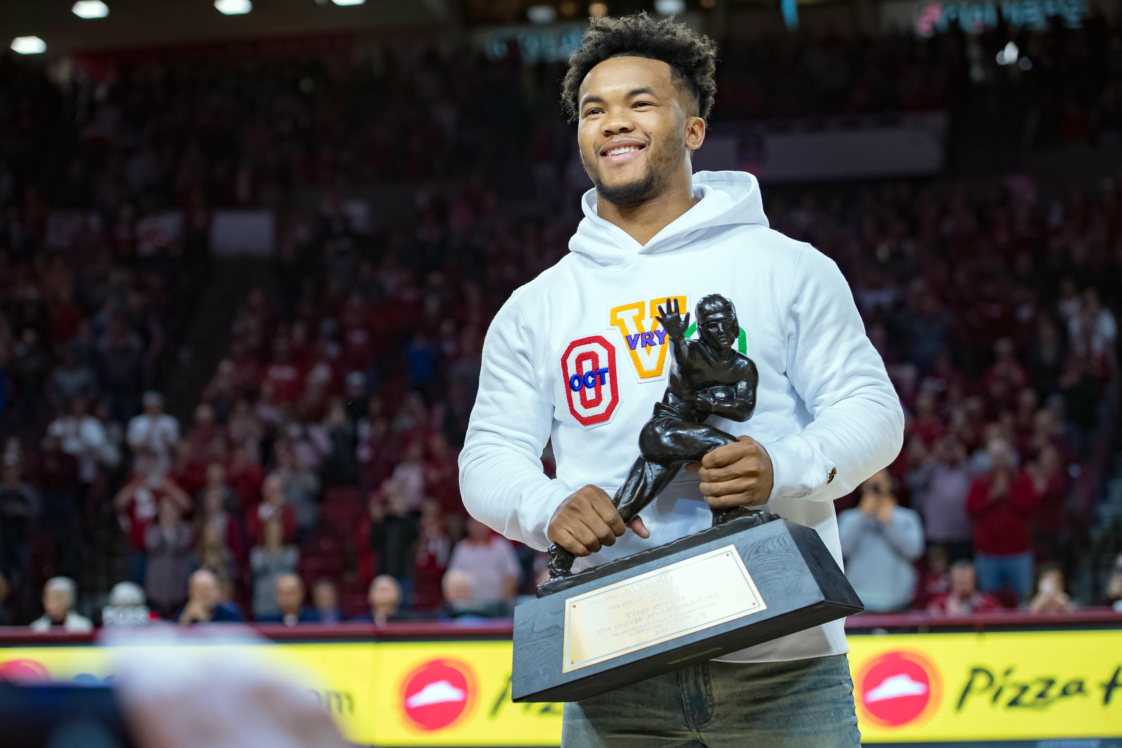 Feb 23, 2019; Norman, OK, USA; Oklahoma Sooners former player Kyler Murray is recognized during a time out in the game Texas Longhorns at Lloyd Noble Center. Mandatory Credit: Rob Ferguson-USA TODAY Sports