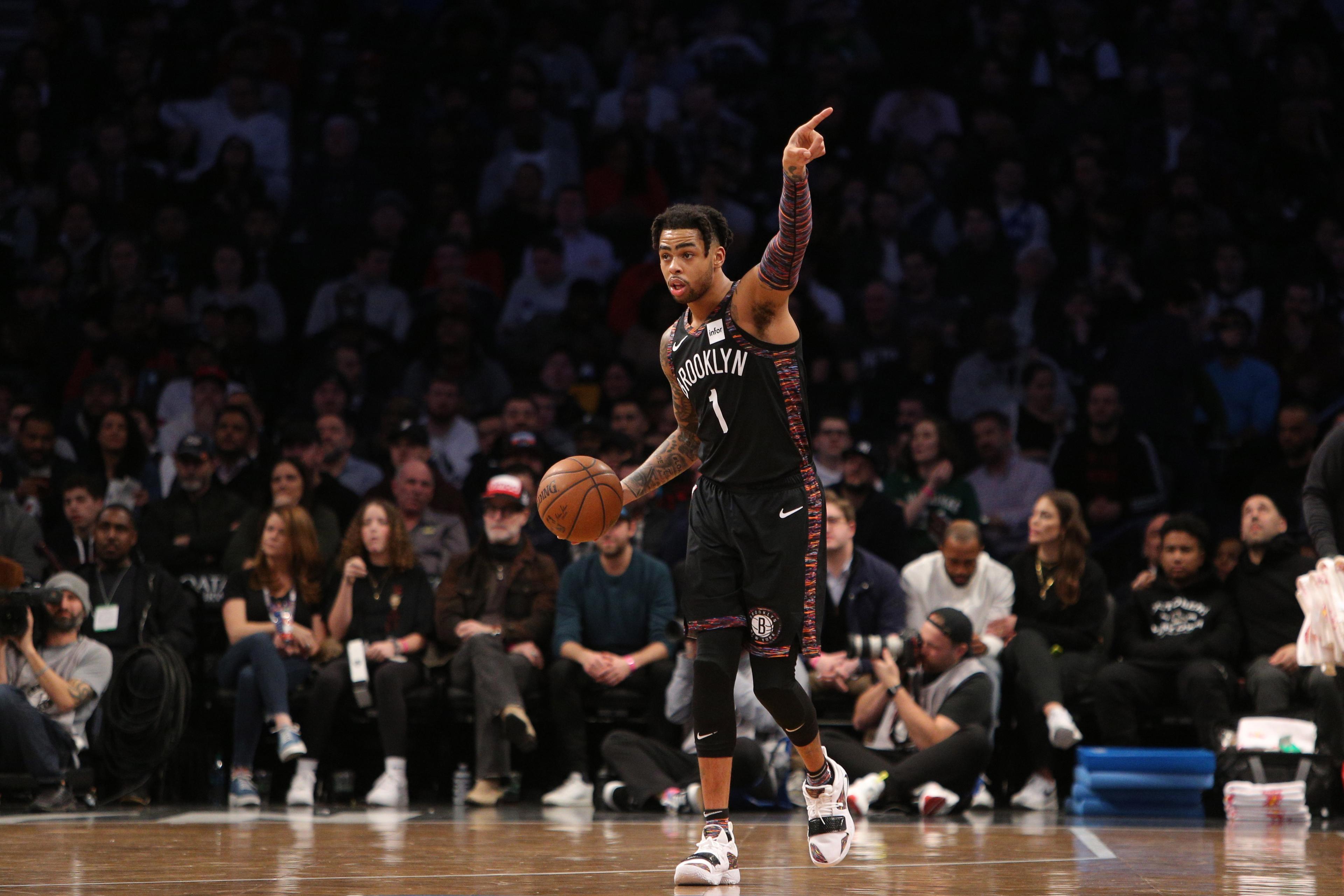 Brooklyn Nets point guard D'Angelo Russell directs his teammates during the second quarter against the Milwaukee Bucks at Barclays Center.