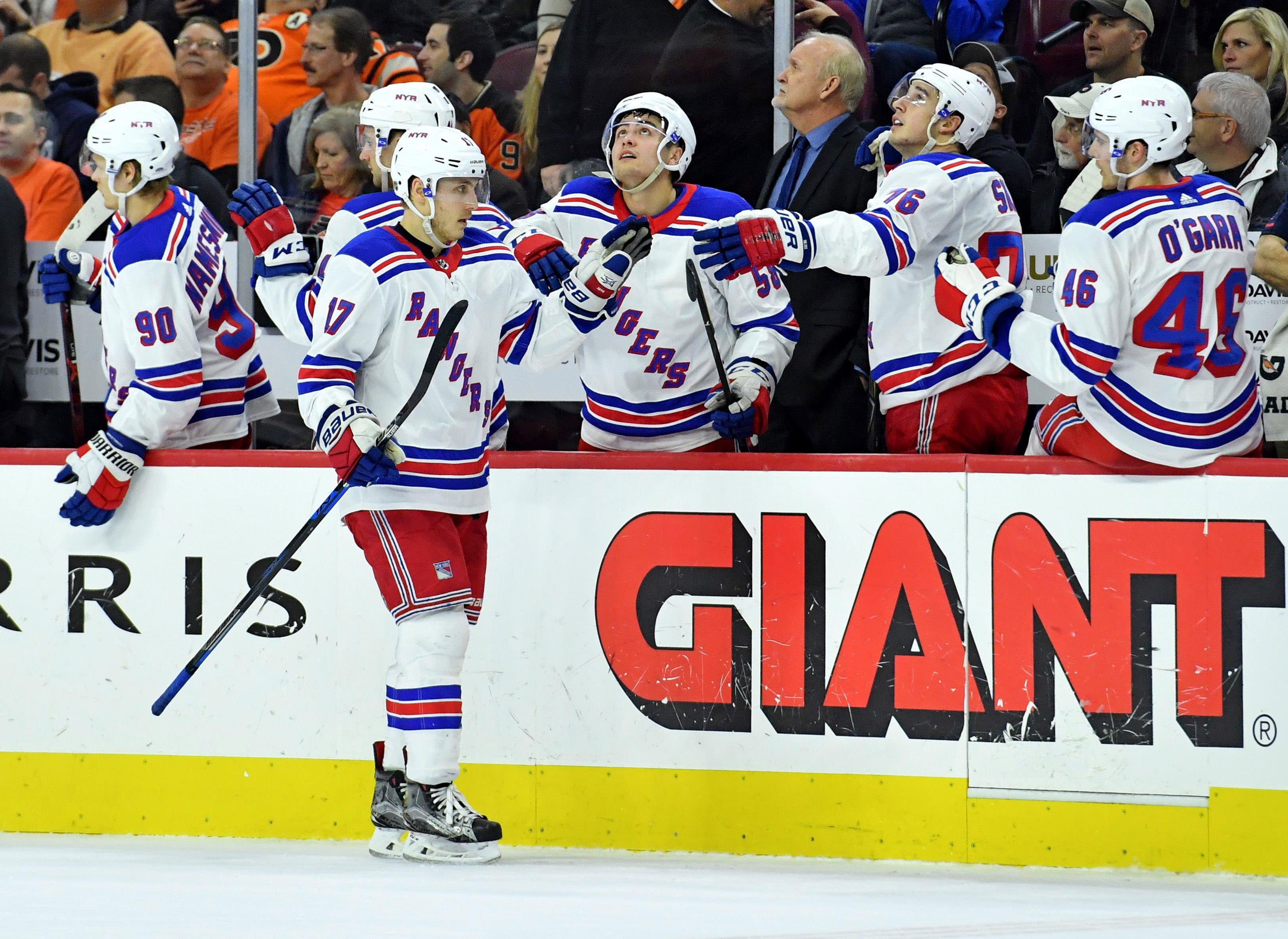 Mar 22, 2018; Philadelphia, PA, USA; New York Rangers right wing Jesper Fast (17) celebrates with teammates after scoring a goal against the Philadelphia Flyers during the second period at Wells Fargo Center. Mandatory Credit: Eric Hartline-USA TODAY Sports / Eric Hartline