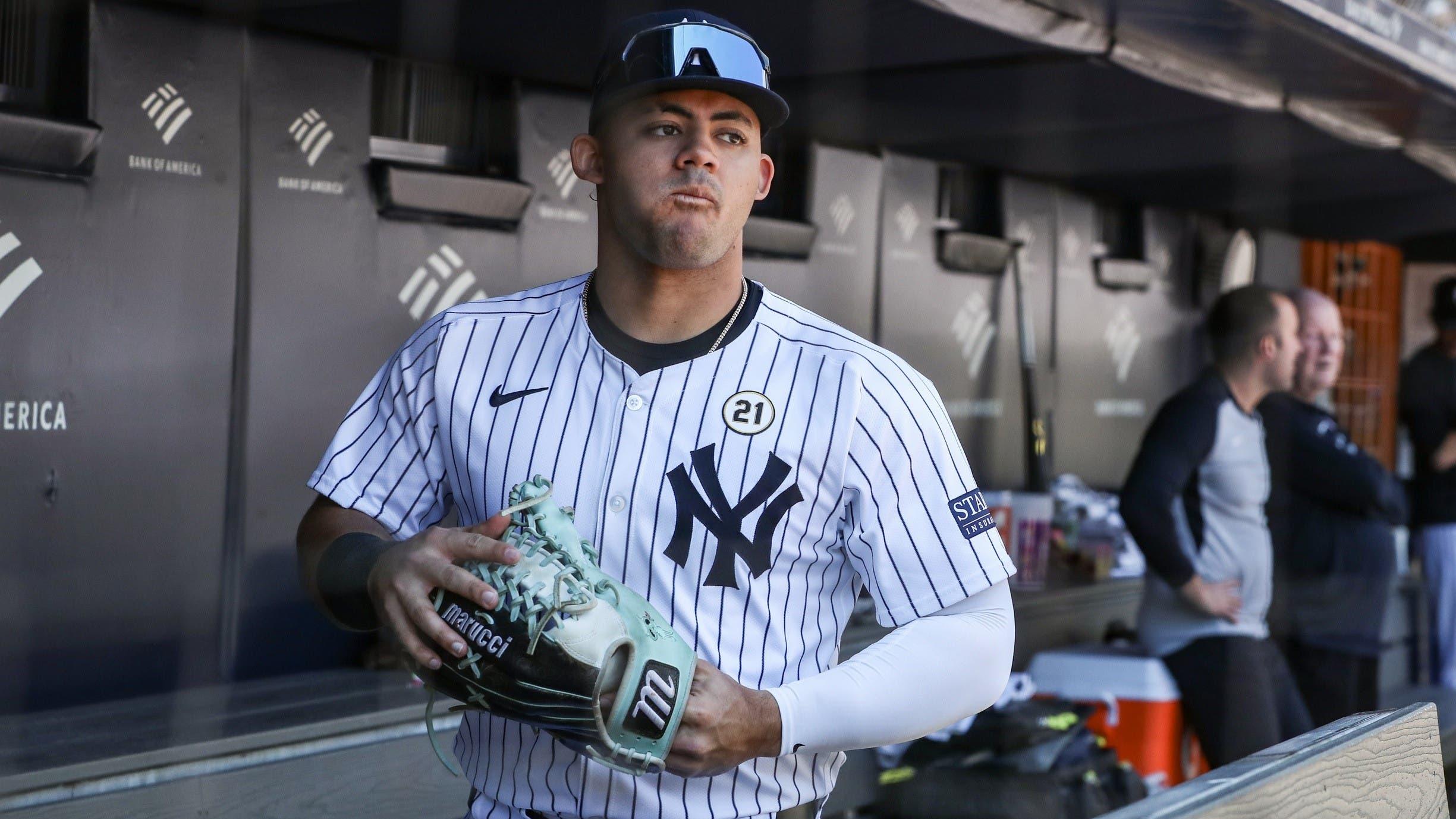 Sep 15, 2024; Bronx, New York, USA; New York Yankees left fielder Jasson Domínguez (89) prepares to take the field against the Boston Red Sox at Yankee Stadium. / Wendell Cruz-Imagn Images