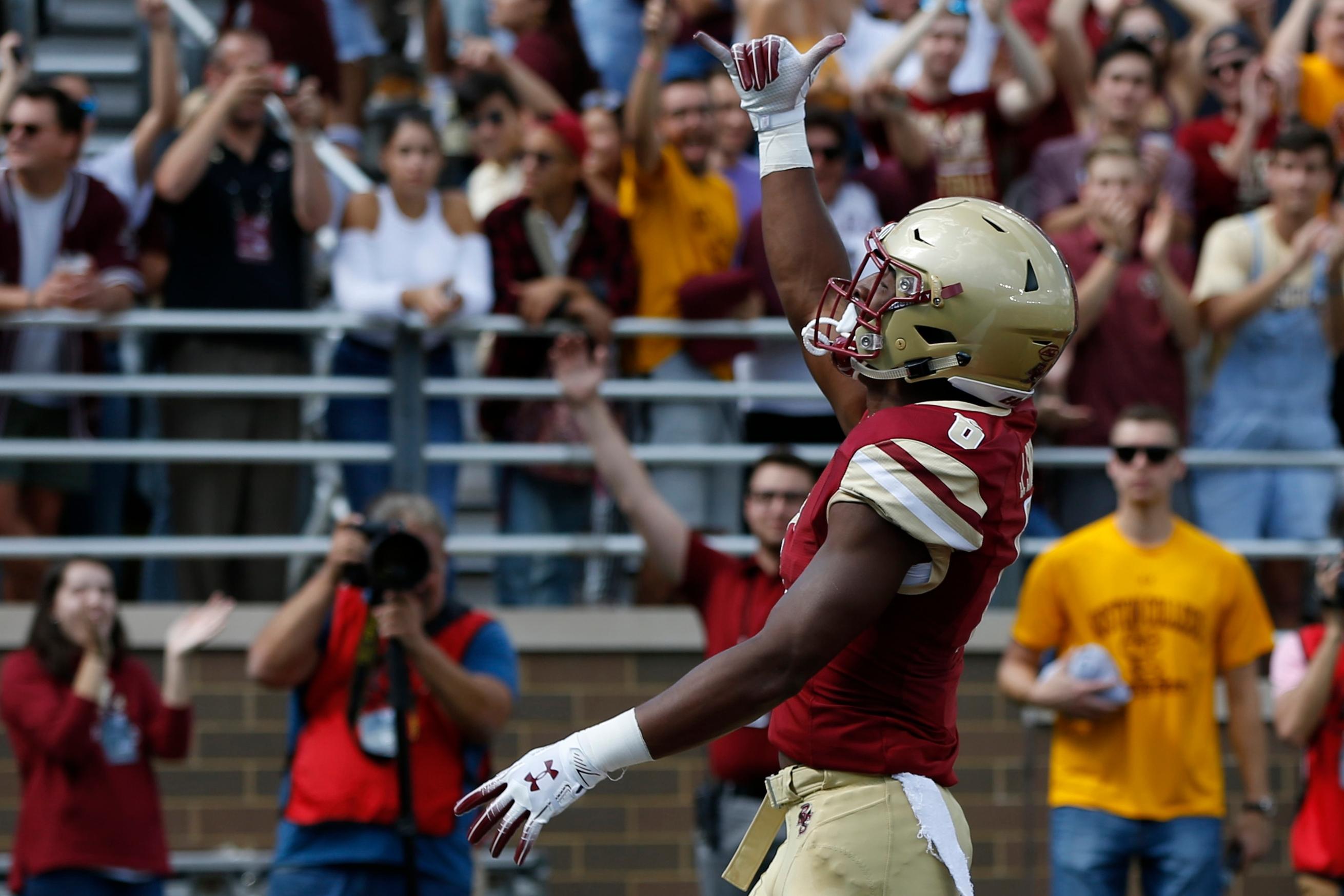 Boston College Eagles wide receiver Jeff Smith celebrates after scoring a touchdown during the first half against the Temple Owls at Alumni Stadium.