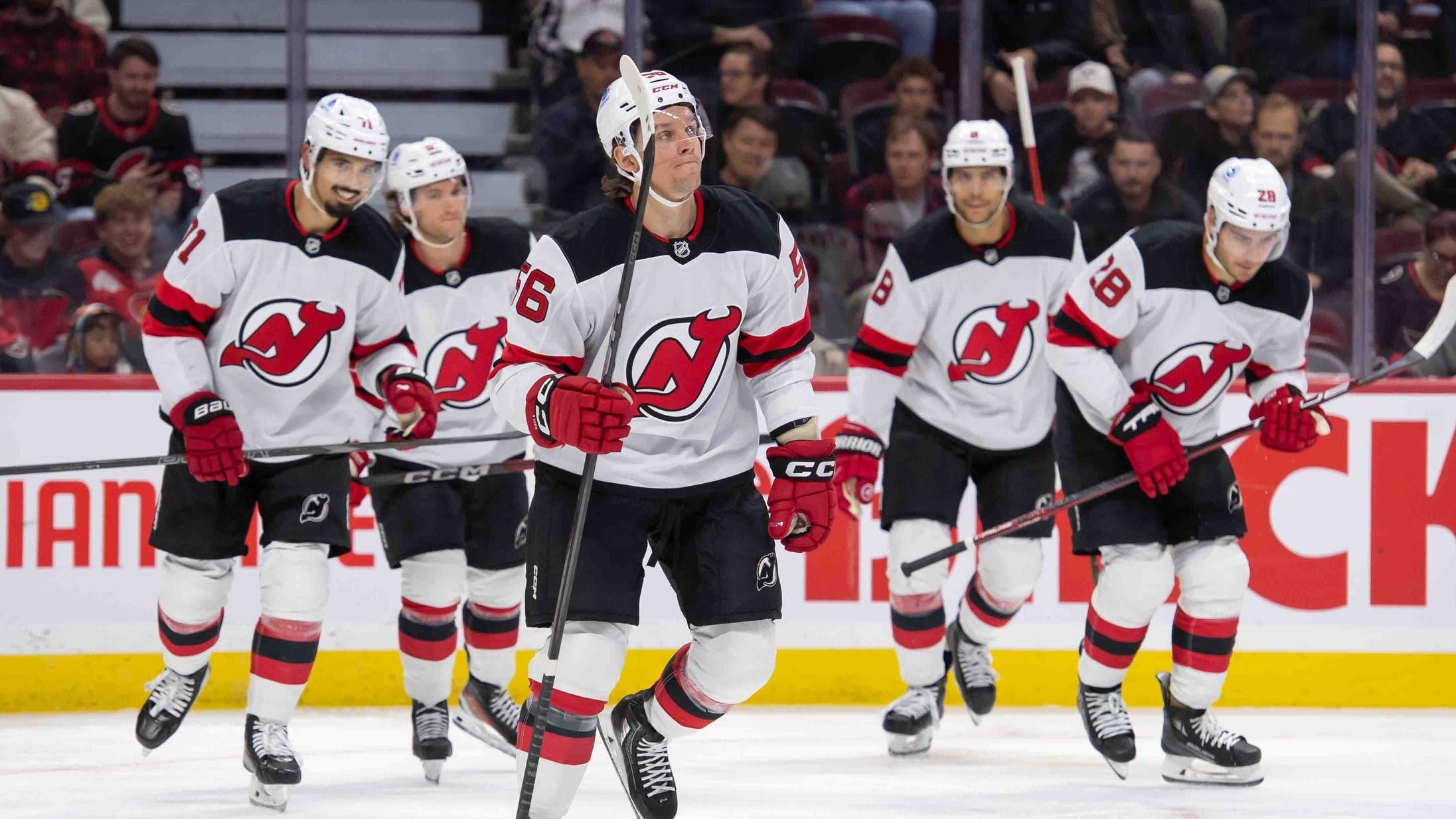 New Jersey Devils left wing Erik Haula (56) skates to the bench after scoring a goal in the second period against the Ottawa Senators at the Canadian Tire Centre.