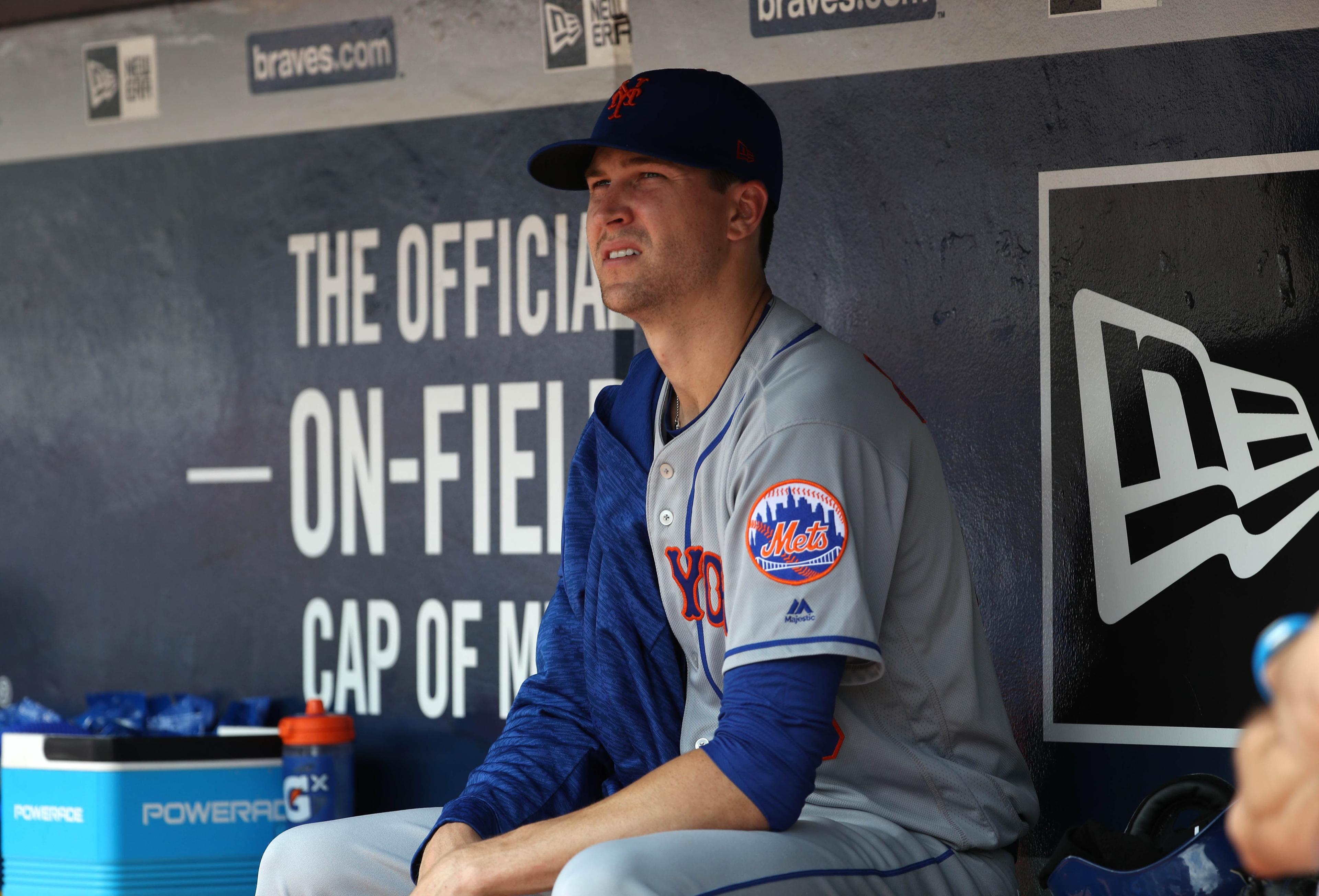 Jun 13, 2018; Atlanta, GA, USA; New York Mets starting pitcher Jacob deGrom (48) looks on from the dugout in the fourth inning against the Atlanta Braves at SunTrust Park. Mandatory Credit: Jason Getz-USA TODAY Sports / Jason Getz