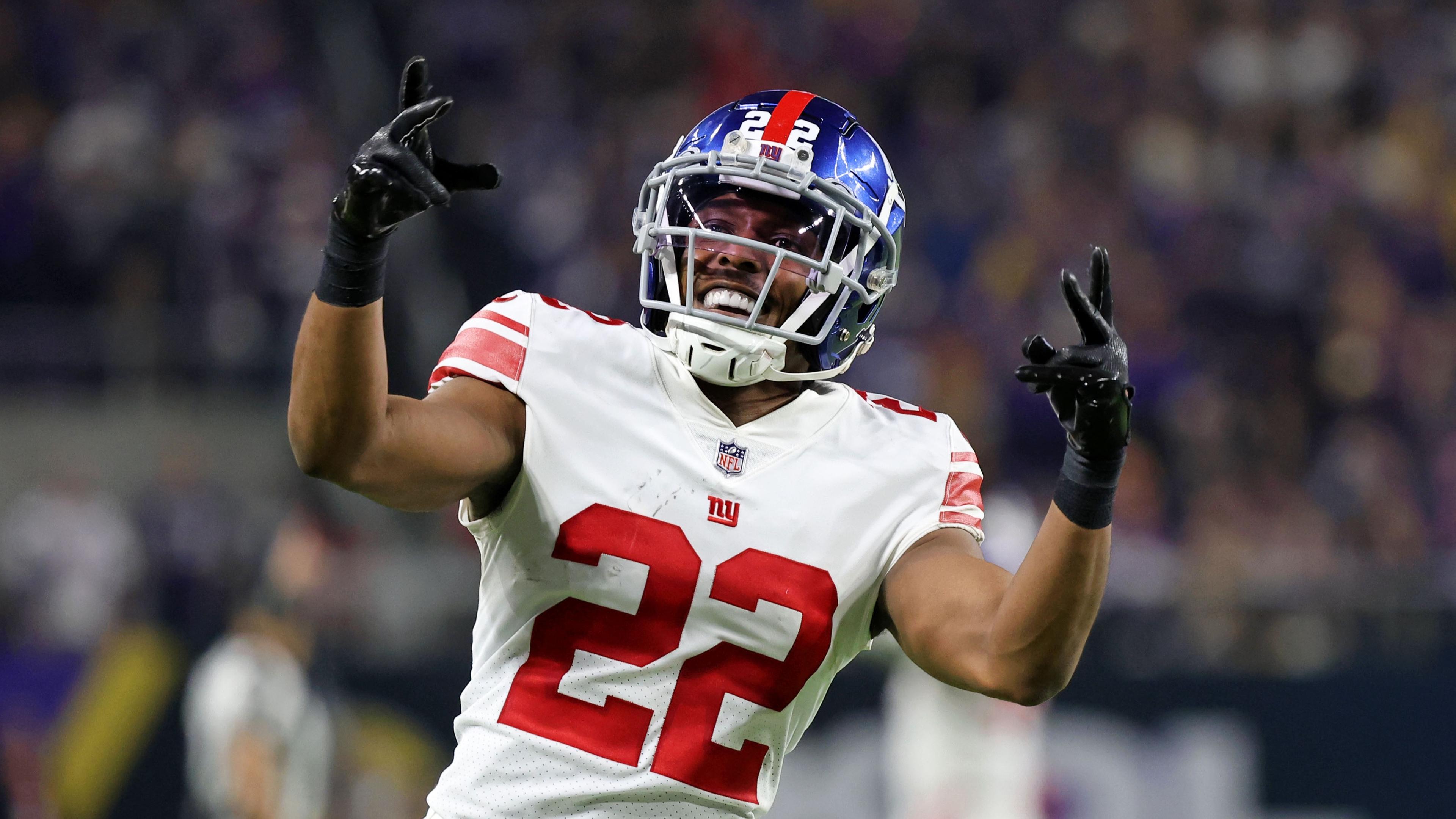 Jan 15, 2023; Minneapolis, Minnesota, USA; New York Giants cornerback Adoree' Jackson (22) reacts after a play against the Minnesota Vikings during the fourth quarter during a wild card game at U.S. Bank Stadium. Mandatory Credit: Matt Krohn-USA TODAY Sports