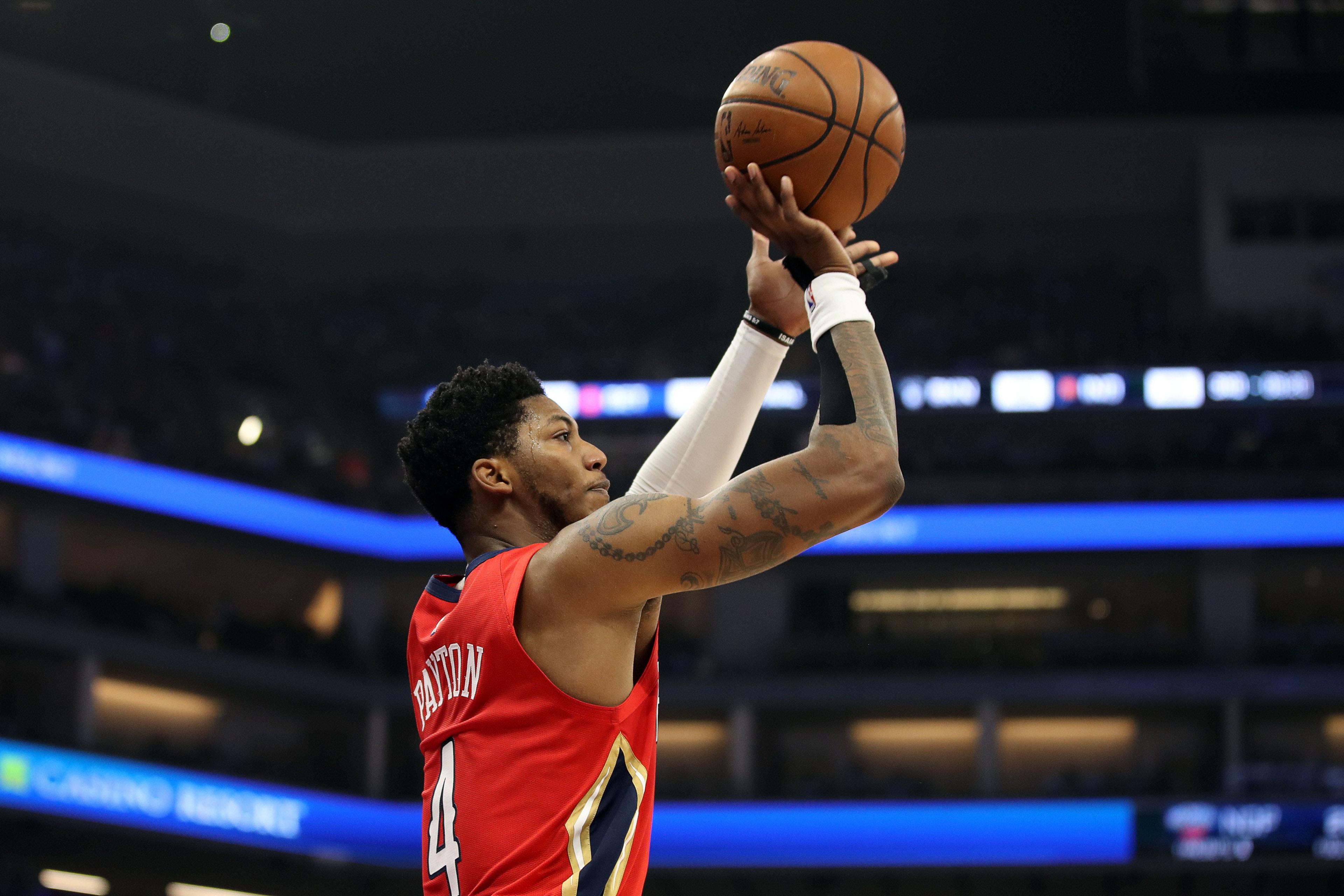 Apr 7, 2019; Sacramento, CA, USA; New Orleans Pelicans guard Elfrid Payton (4) shoots the ball during the first quarter against the Sacramento Kings at Golden 1 Center. Mandatory Credit: Darren Yamashita-USA TODAY Sports / Darren Yamashita