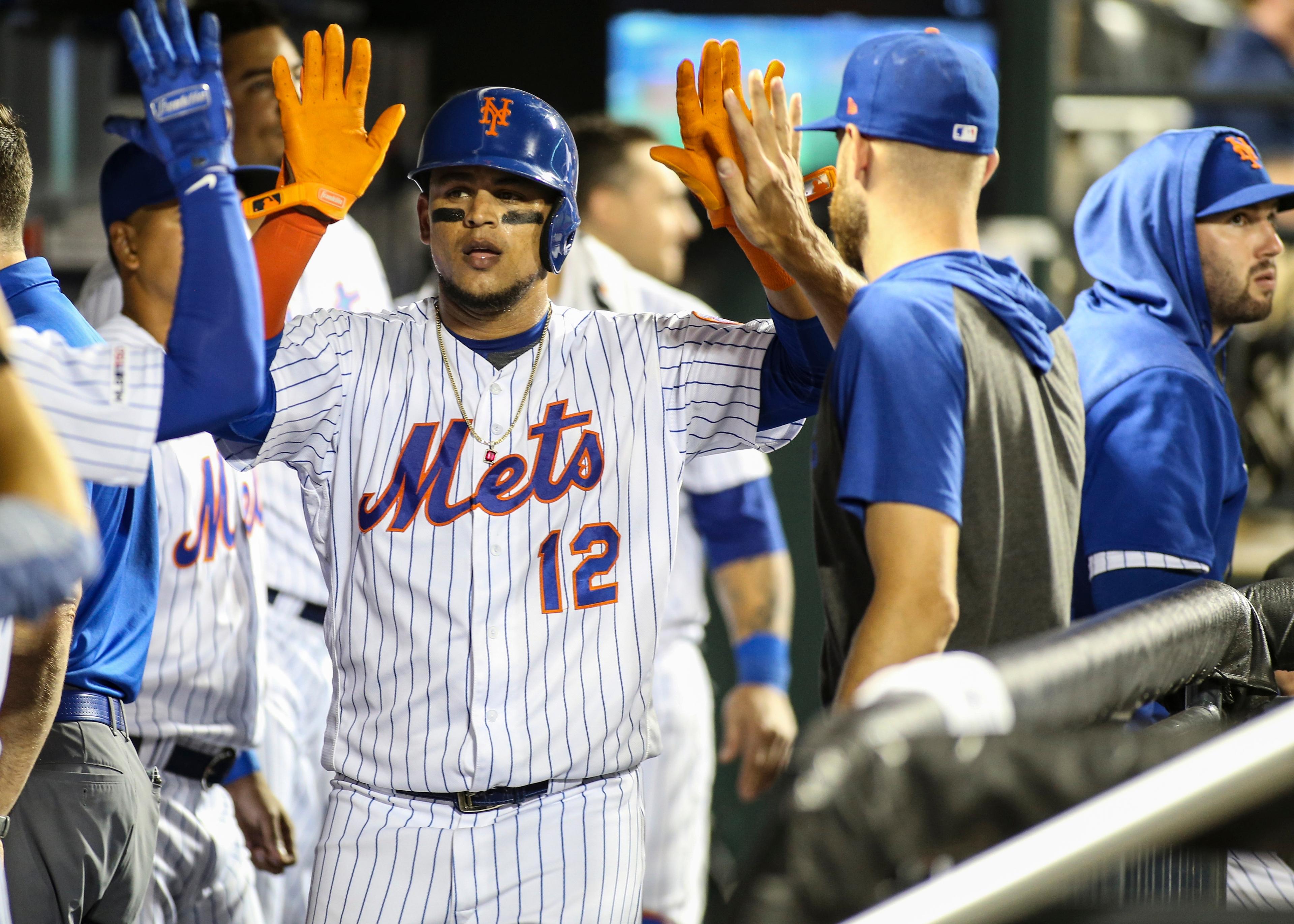 Aug 21, 2019; New York City, NY, USA; New York Mets center fielder Juan Lagares (12) is greeted in the dugout after scoring against the Cleveland Indians in the fifth inning at Citi Field. Mandatory Credit: Wendell Cruz-USA TODAY Sports