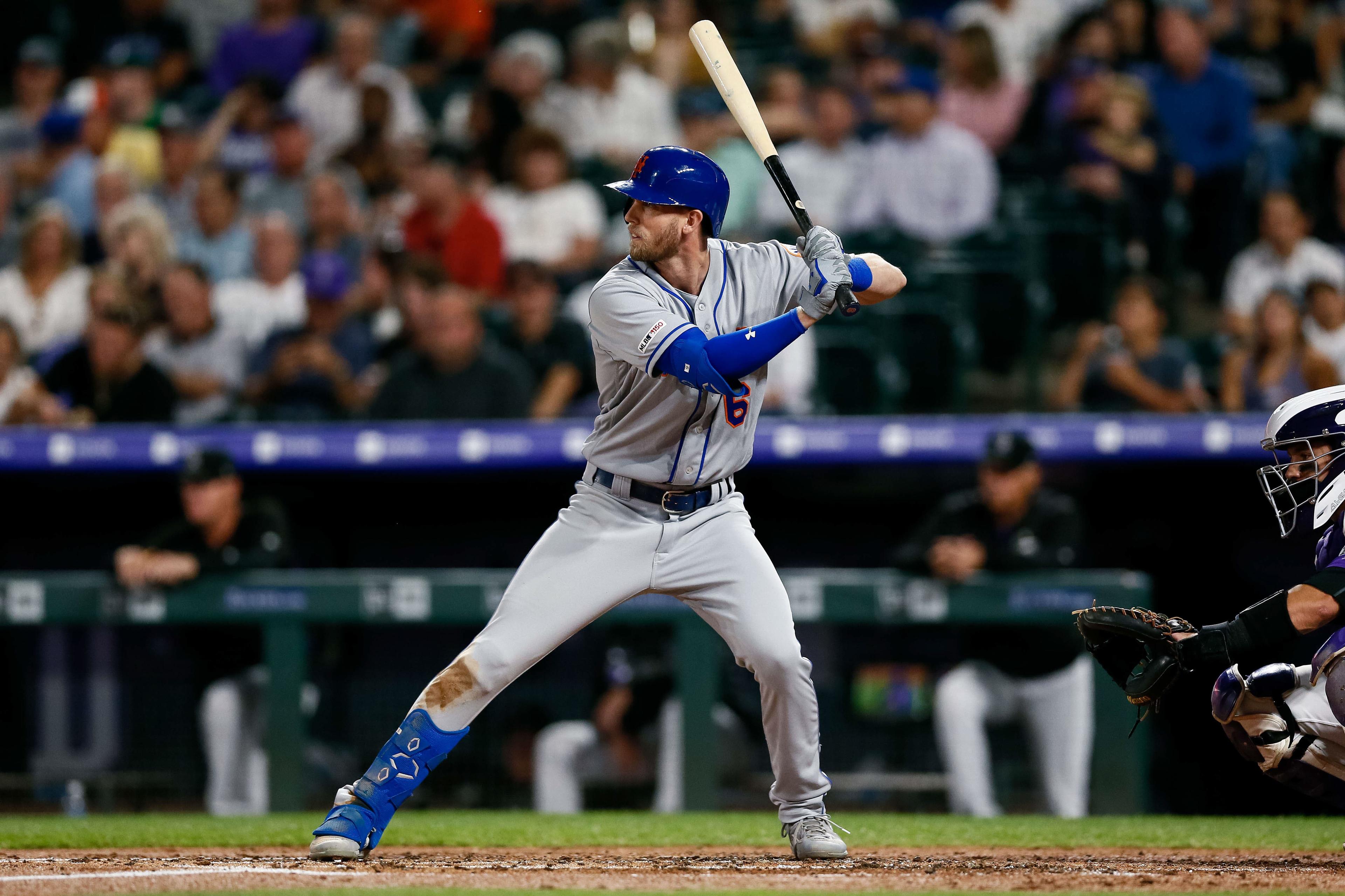 Sep 17, 2019; Denver, CO, USA; New York Mets left fielder Jeff McNeil (6) at bat in the fourth inning against the Colorado Rockies at Coors Field. Mandatory Credit: Isaiah J. Downing-USA TODAY Sports / Isaiah J. Downing