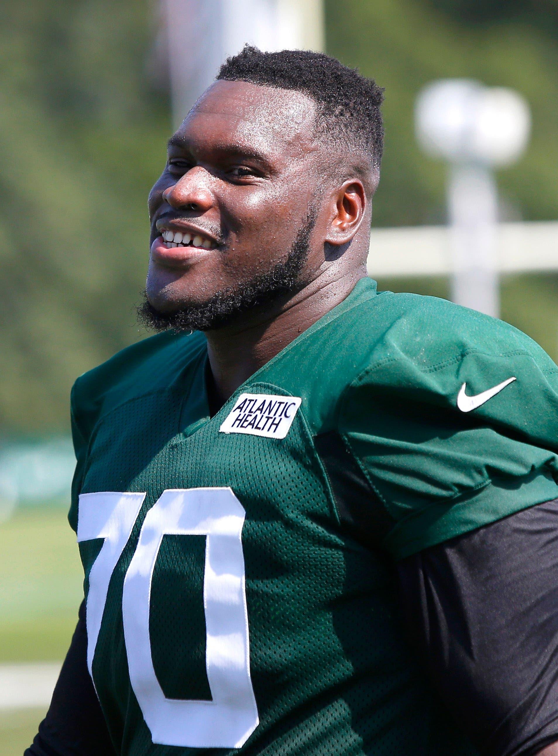 Jul 25, 2019; Florham Park, NJ, USA; New York Jets offensive guard Kelechi Osemele (70) during New York Jets training camp at Atlantic Health Center. Mandatory Credit: Noah K. Murray-USA TODAY Sports / Noah K. Murray