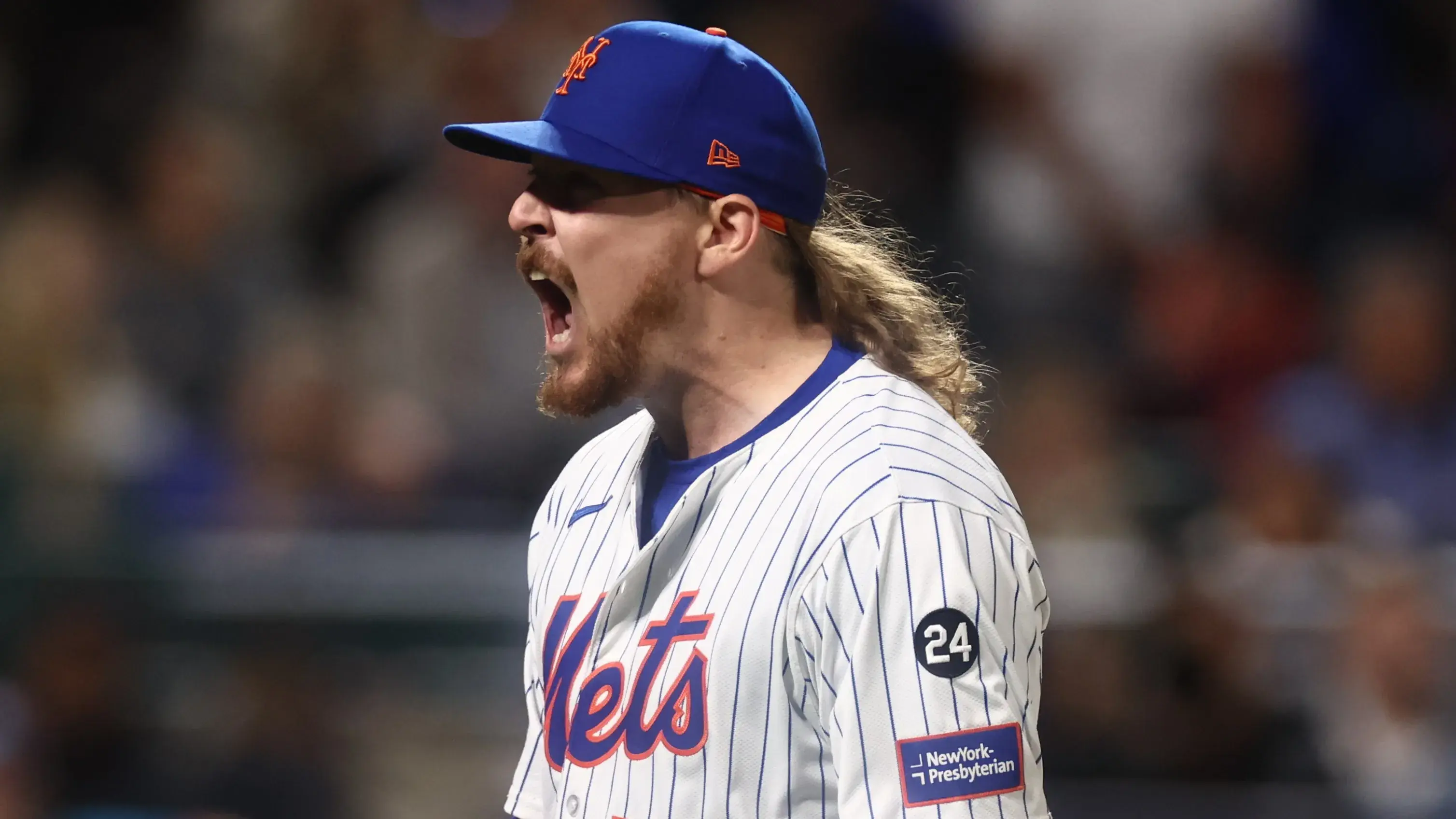 Oct 18, 2024; New York City, New York, USA; New York Mets pitcher Ryne Stanek (55) reacts after a strikeout to end the seventh inning against the Los Angeles Dodgers during game five of the NLCS for the 2024 MLB playoffs at Citi Field. Mandatory Credit: Vincent Carchietta-Imagn Images / © Vincent Carchietta-Imagn Images