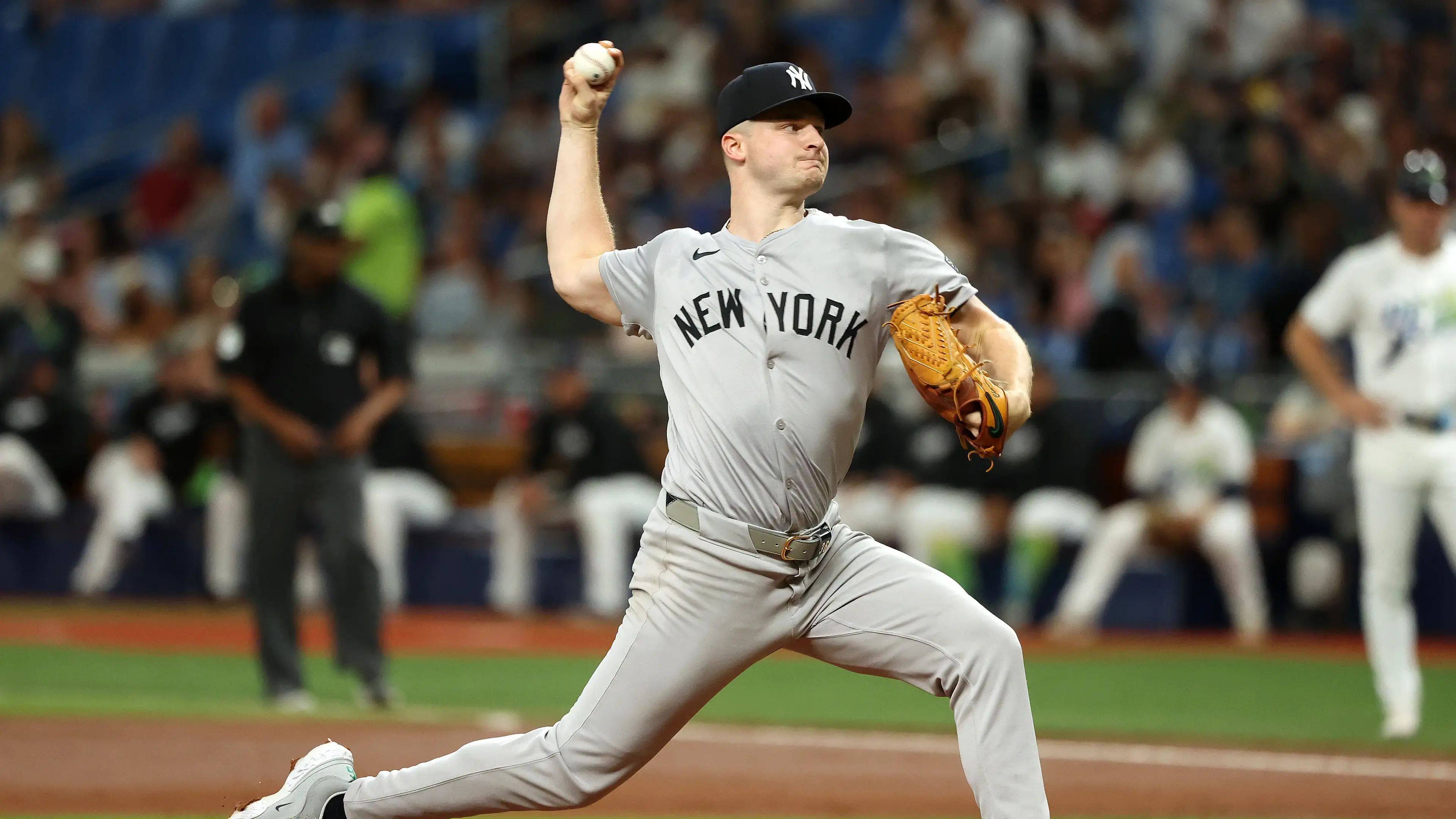 Yankees pitcher Clarke Schmidt (36) throws a pitch against the Tampa Bay Rays during the first inning at Tropicana Field. / Kim Klement Neitzel-USA TODAY Sports